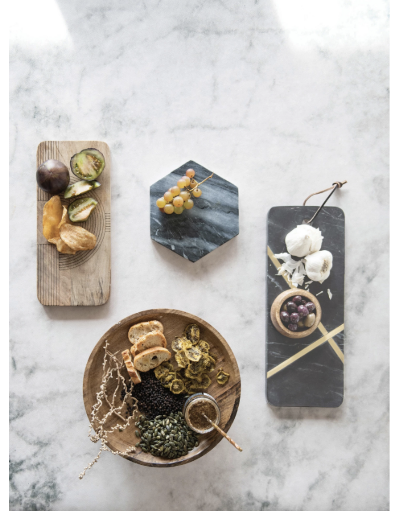Marble Cutting Board with Brass Inlay, Leather Tie
