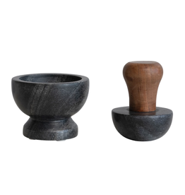 Marble Mortar & Pestle w/ Mango Wood Handle, Black & Natural, Set of 2