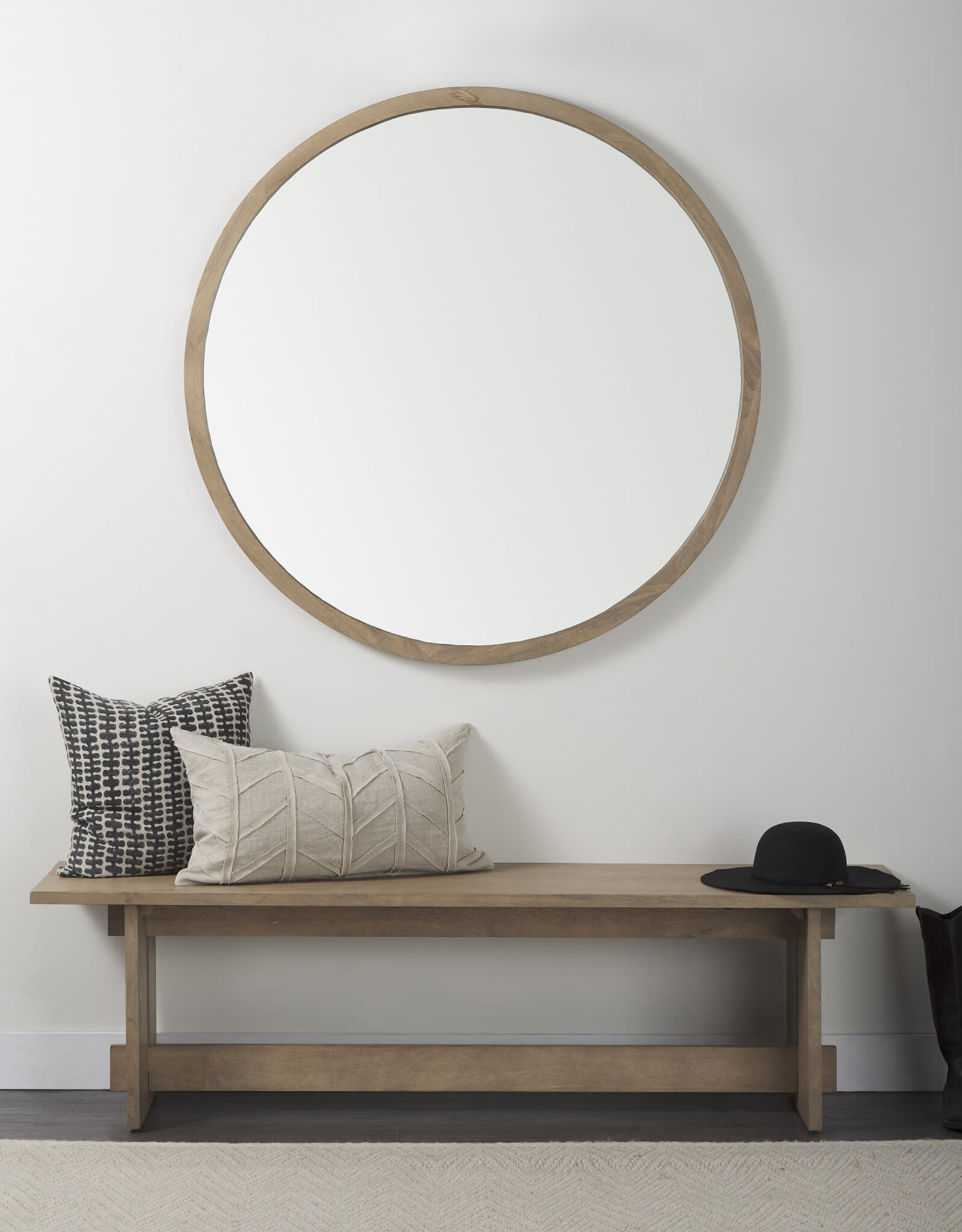 Gambit 46" Round Light Brown Wood Frame Wall Mirror