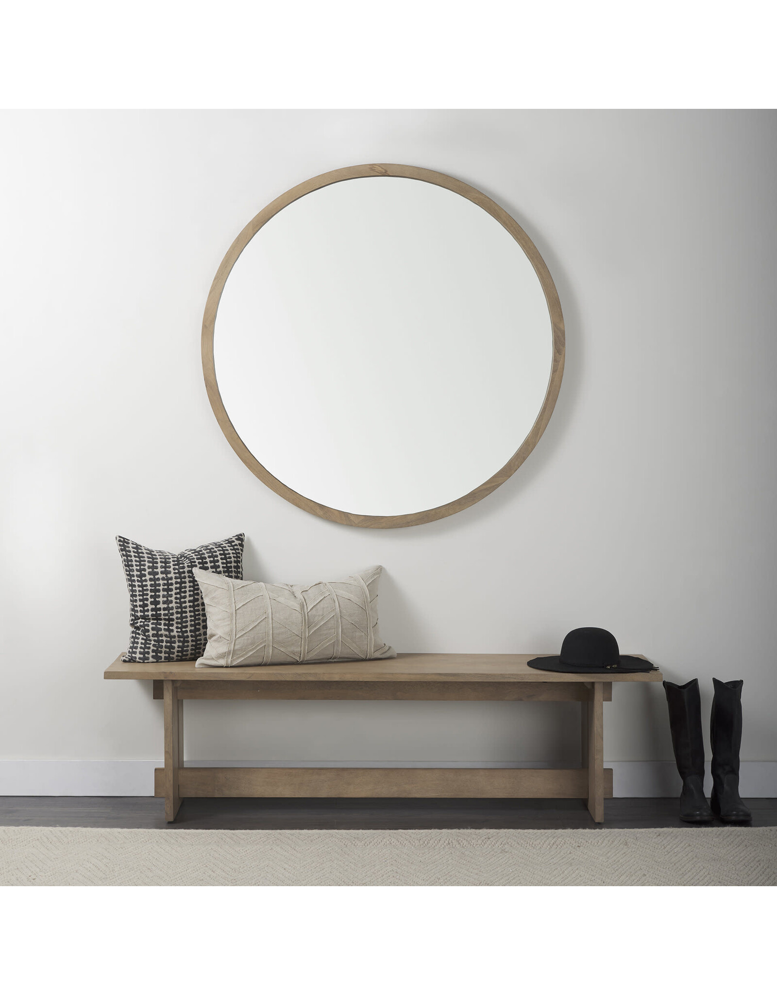 Gambit 46" Round Light Brown Wood Frame Wall Mirror