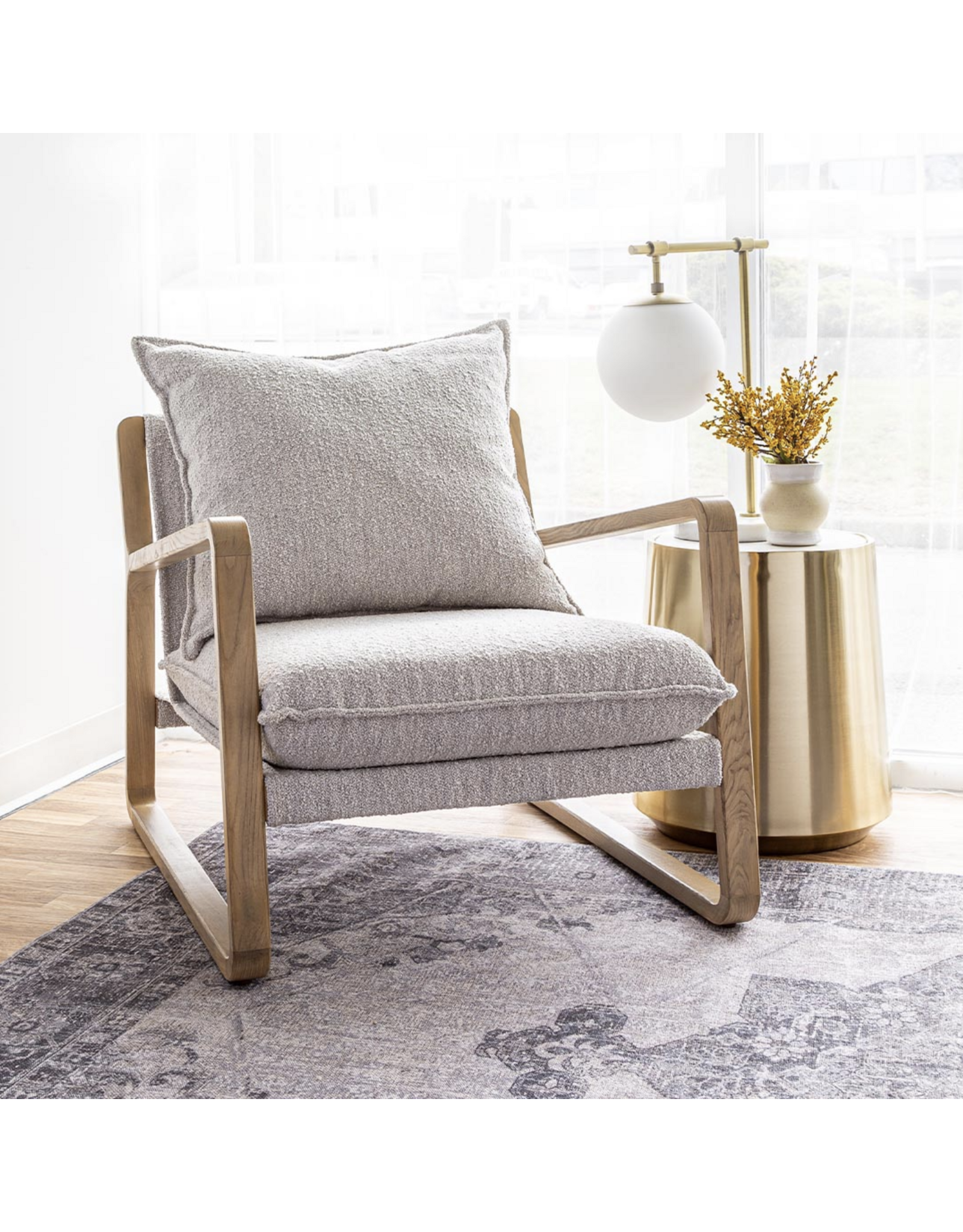 Finn Sling Chair, Brown Frame in Taupe Boucle