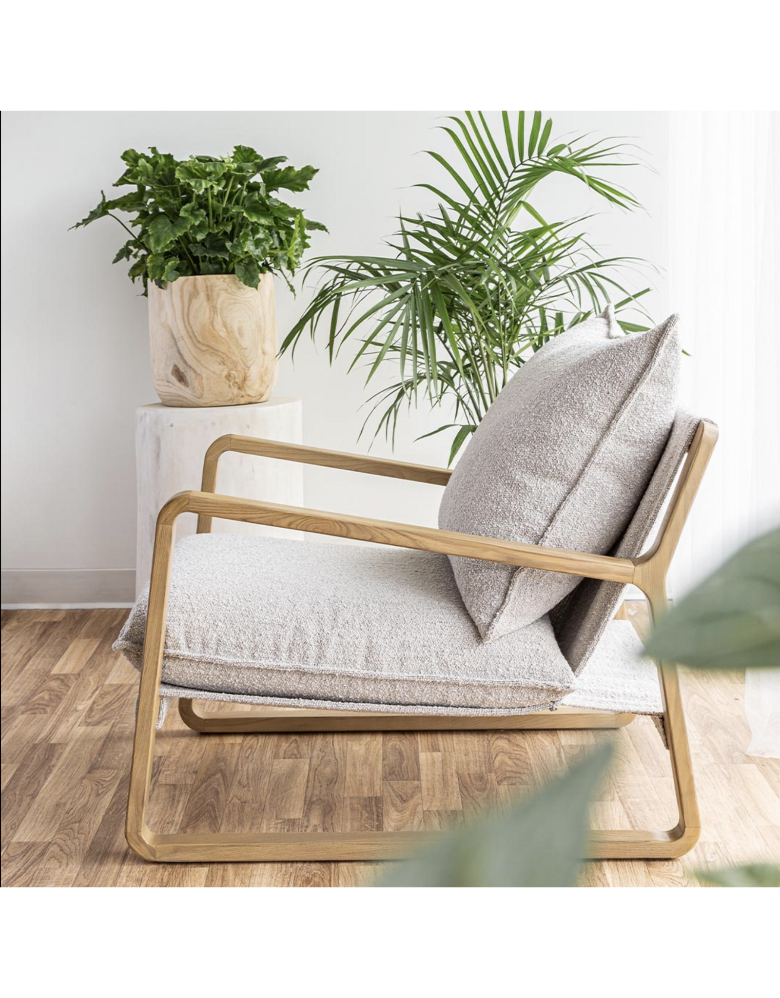Finn Sling Chair, Brown Frame in Taupe Boucle