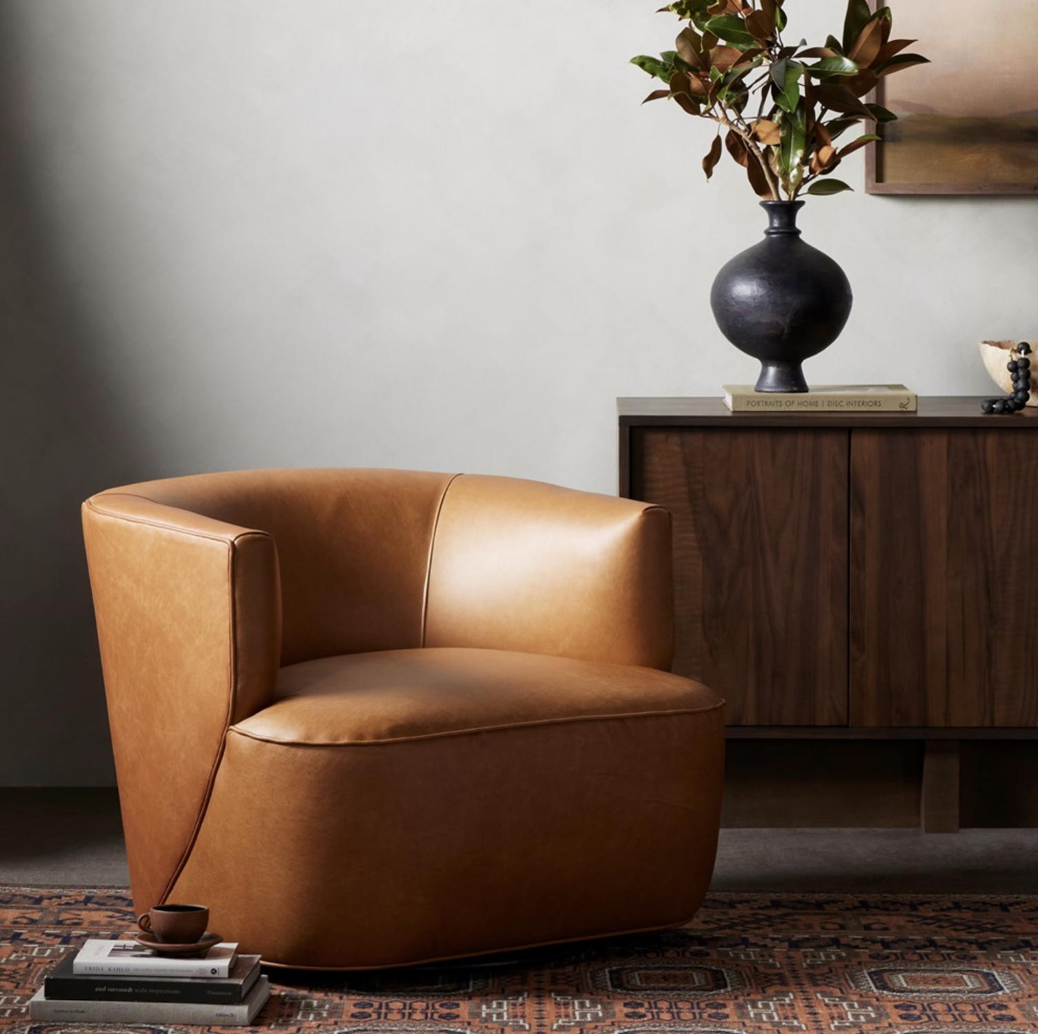 Mila Swivel Chair in Camel Leather Shoppe Jessica Velikovsky
