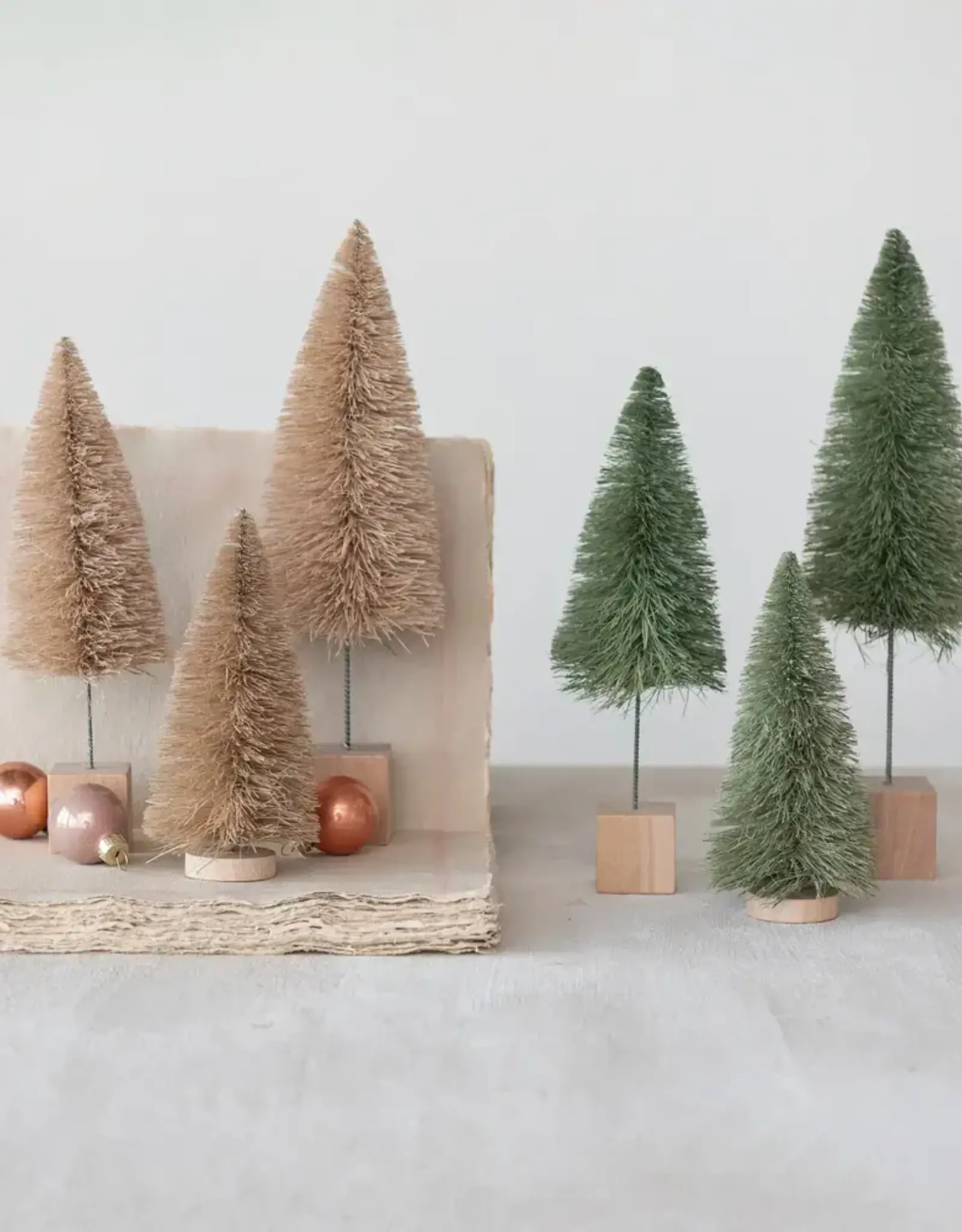 6"H - 11"H Sisal Bottle Brush Trees w/ Wood Bases, Cream Color, S/3