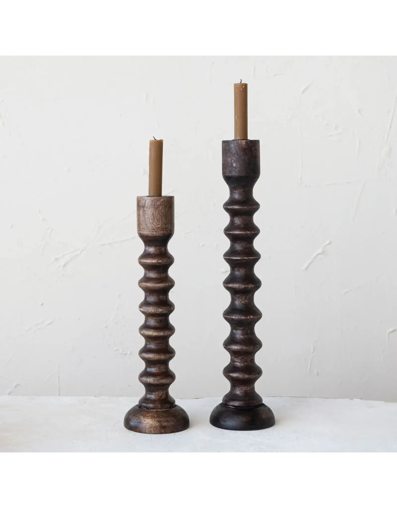 Hand-Carved Mango Wood Taper Candle Holder, 21"H