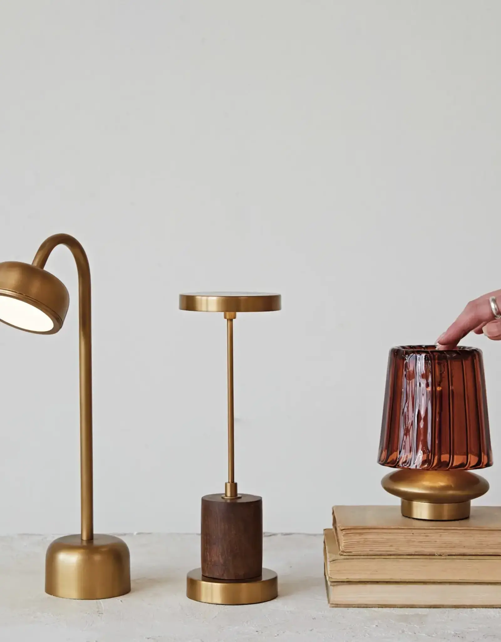 Metal & Mango Wood LED Table Lamp w/ Touch Sensor, Antique Brass Finish