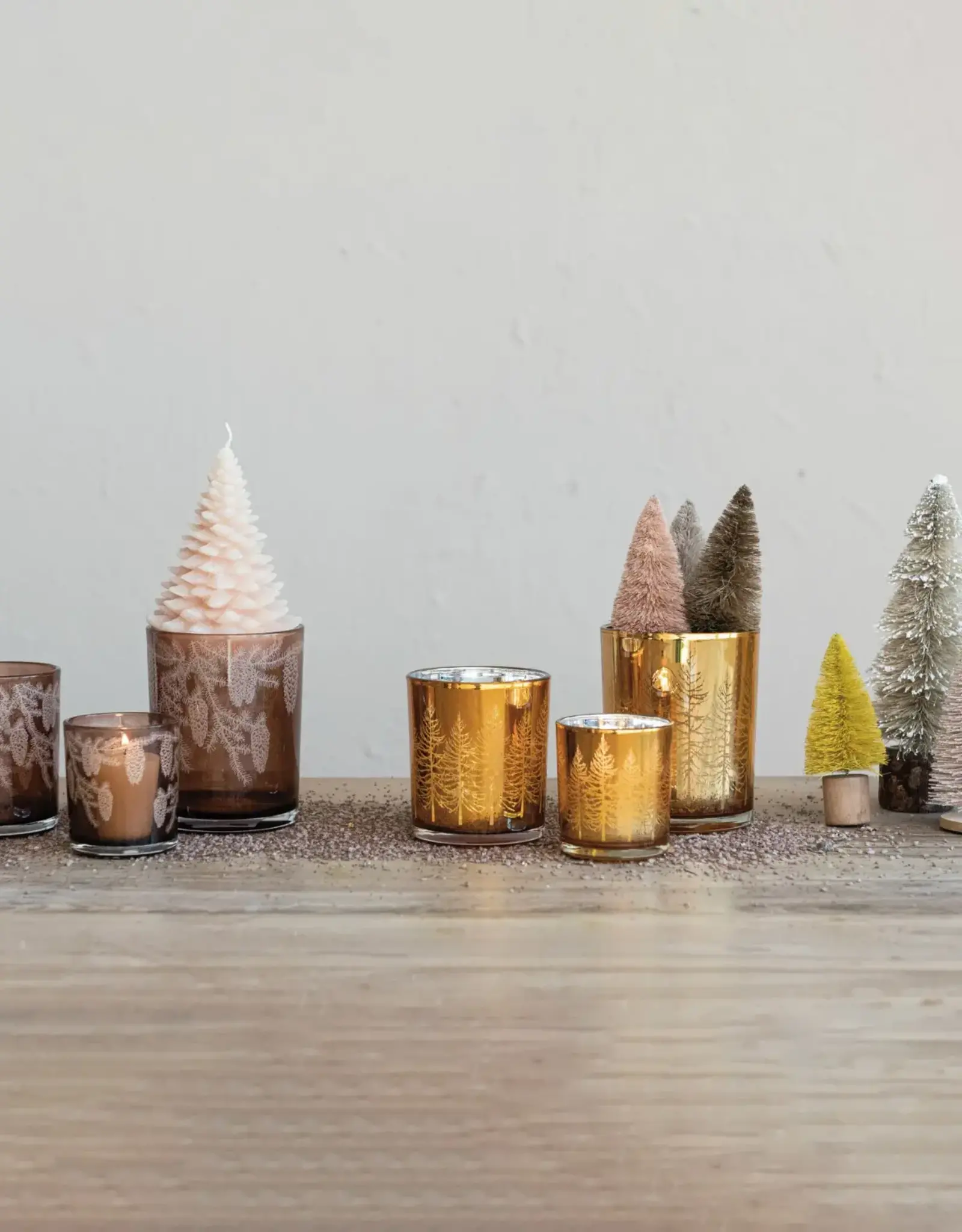 4" Mercury Glass Tealight/Votive Holder w/ Laser Etched Pinecones, Brown