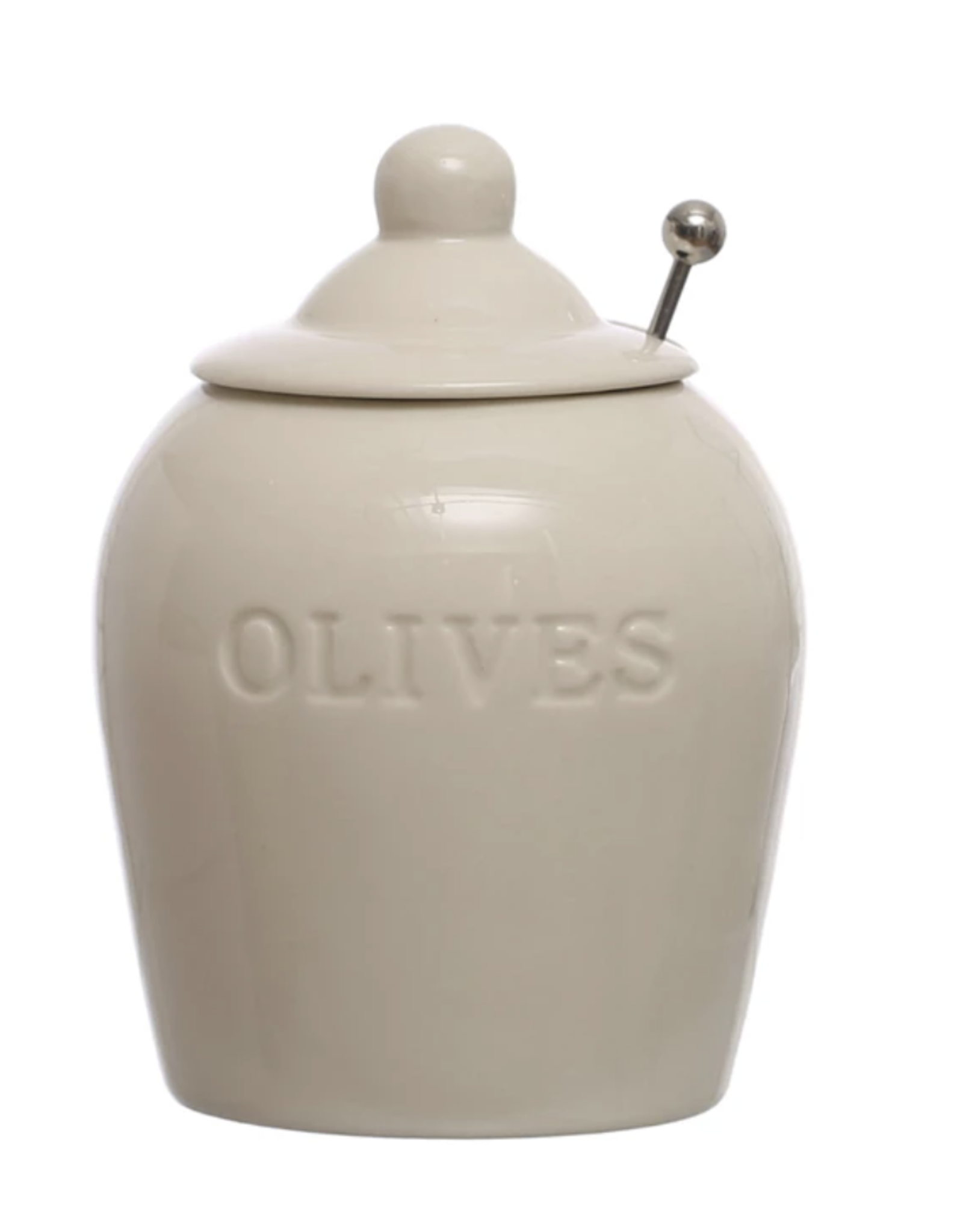 Debossed Stoneware Jar w/ Slotted Spoon "Olives"