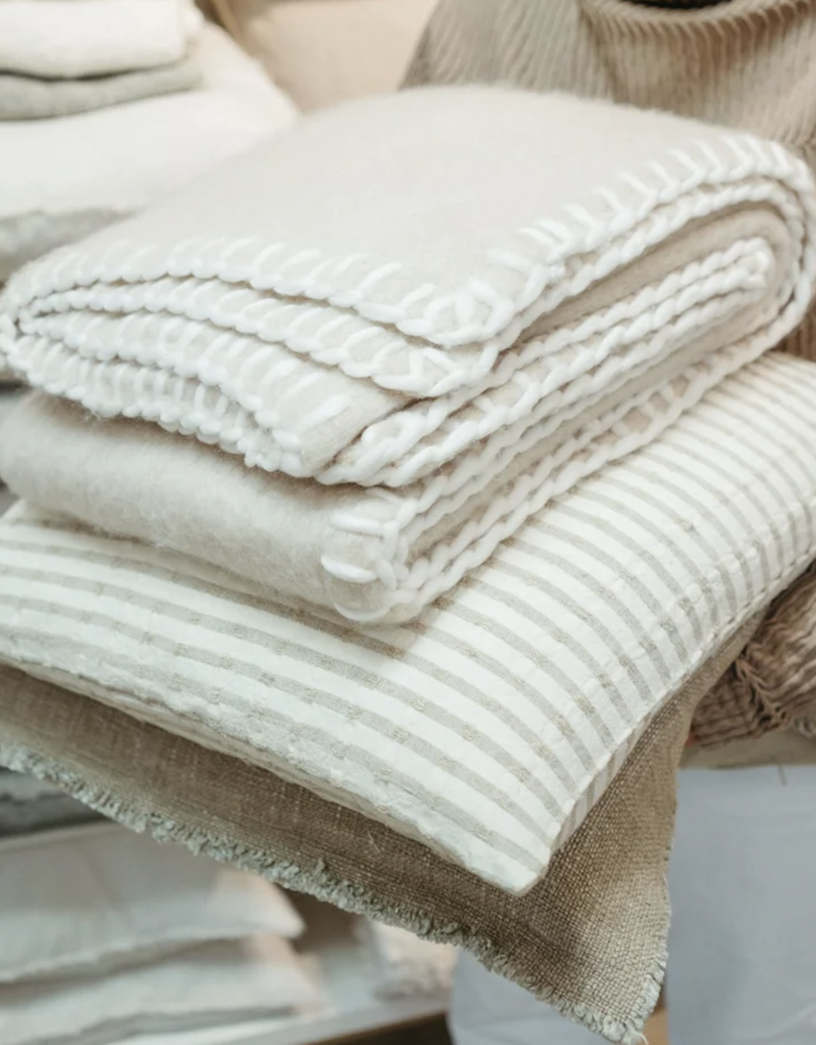 Blanket Stitch Wool Blend Throw Oat