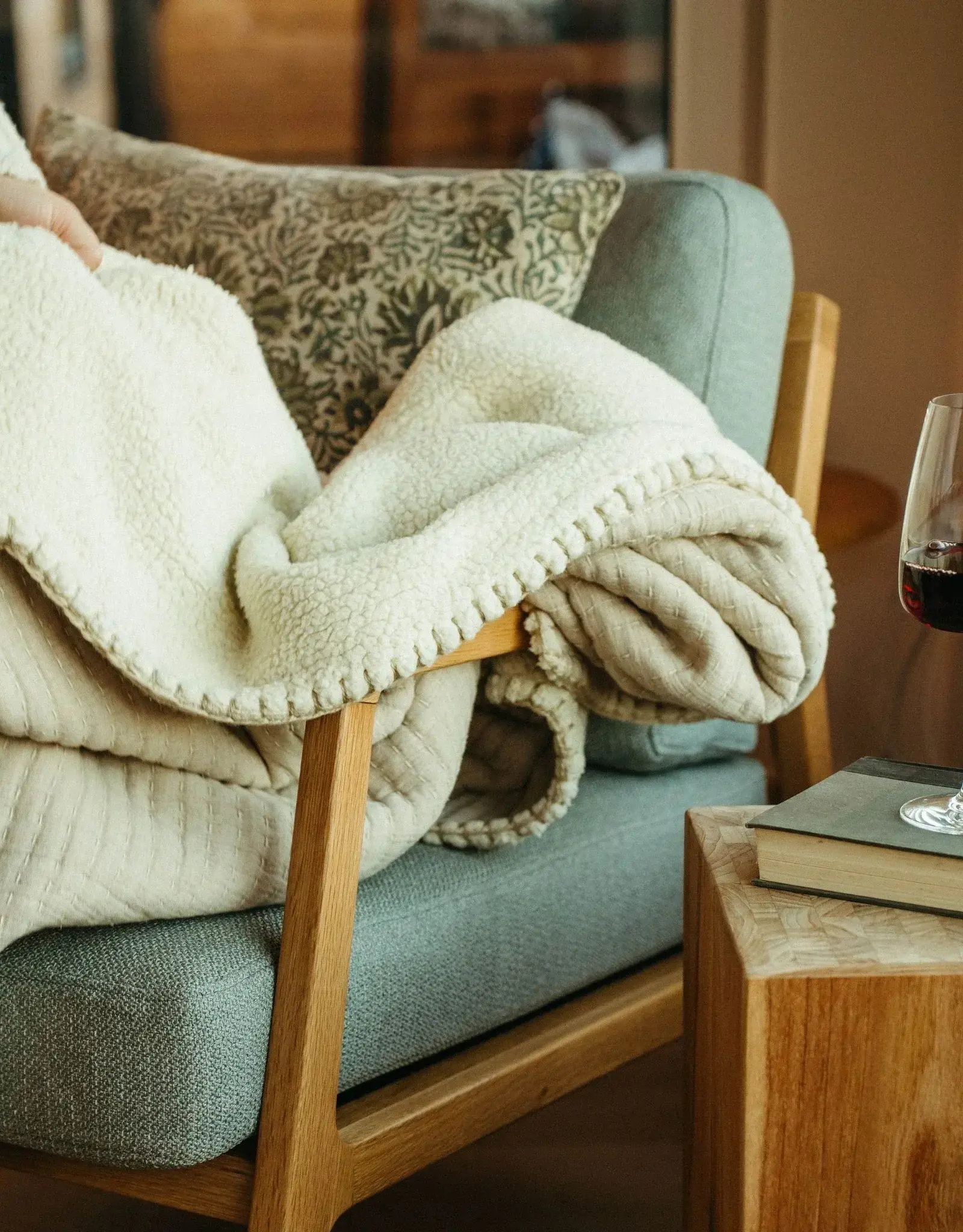 Kantha-Stitch Sherpa Throw, Natural