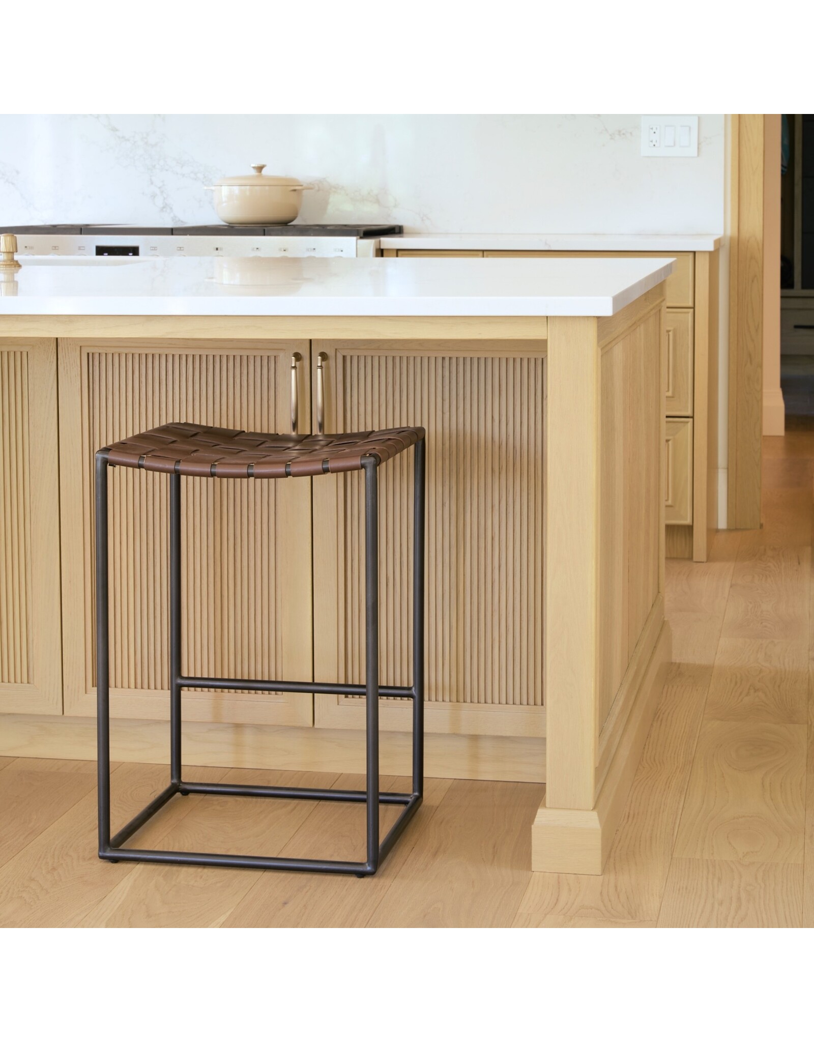 Clarissa Woven Brown Leather Counter Stool
