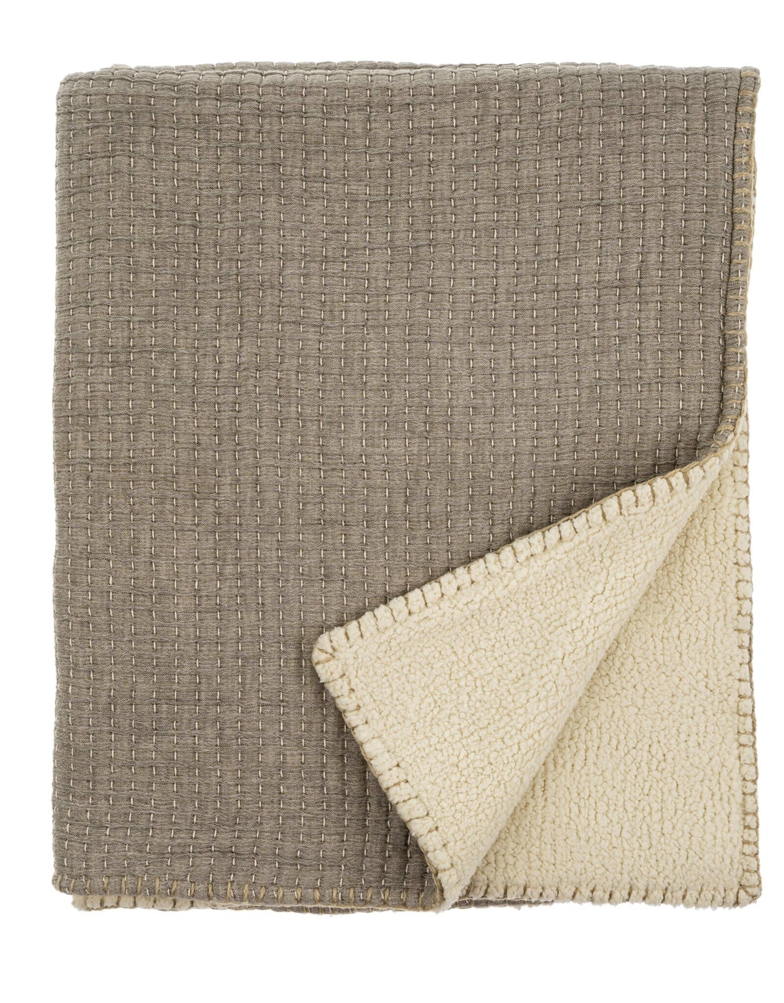 Kantha-Stitch Sherpa Throw, Charcoal