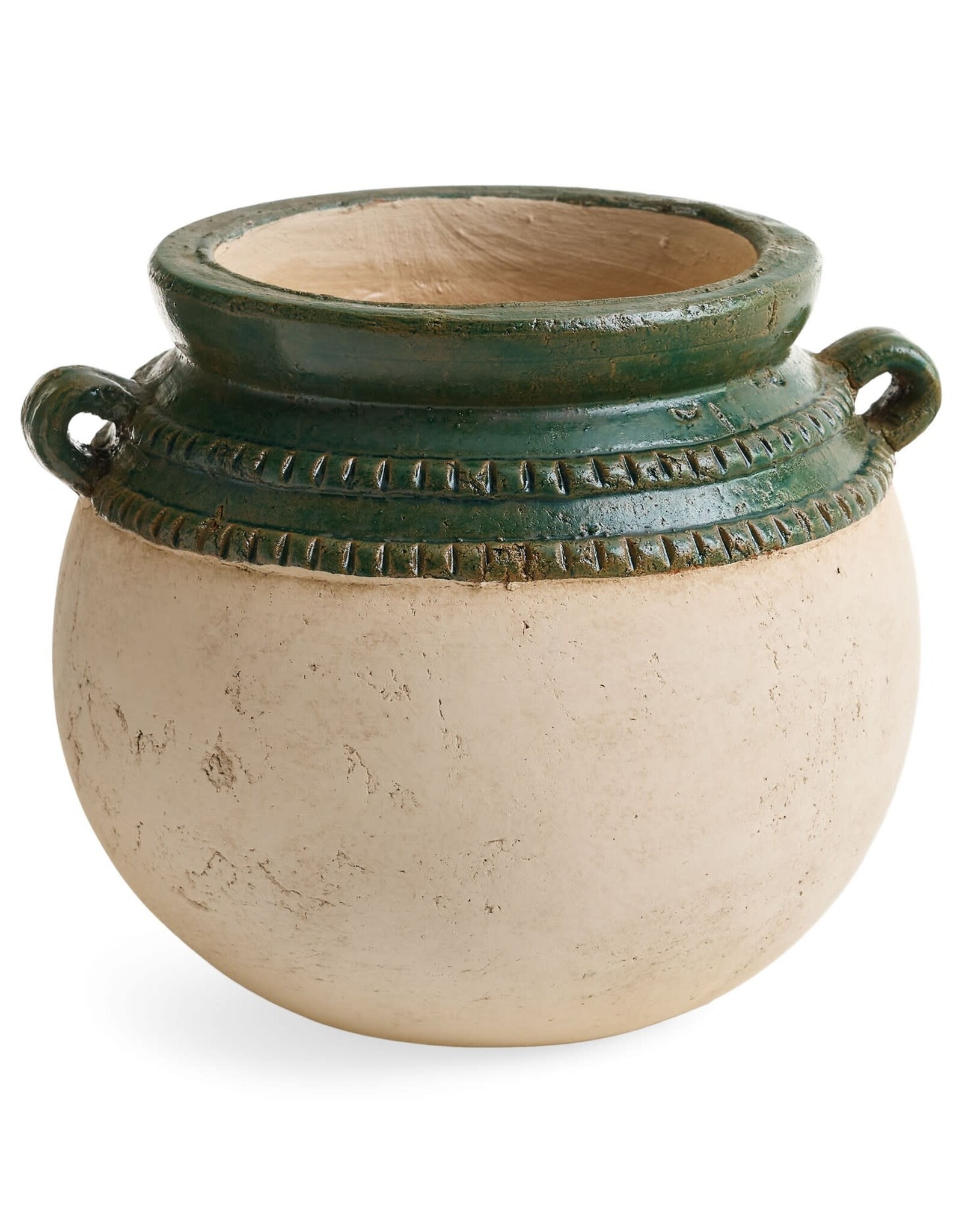 Round Terracotta Vase w/ Handles, Green