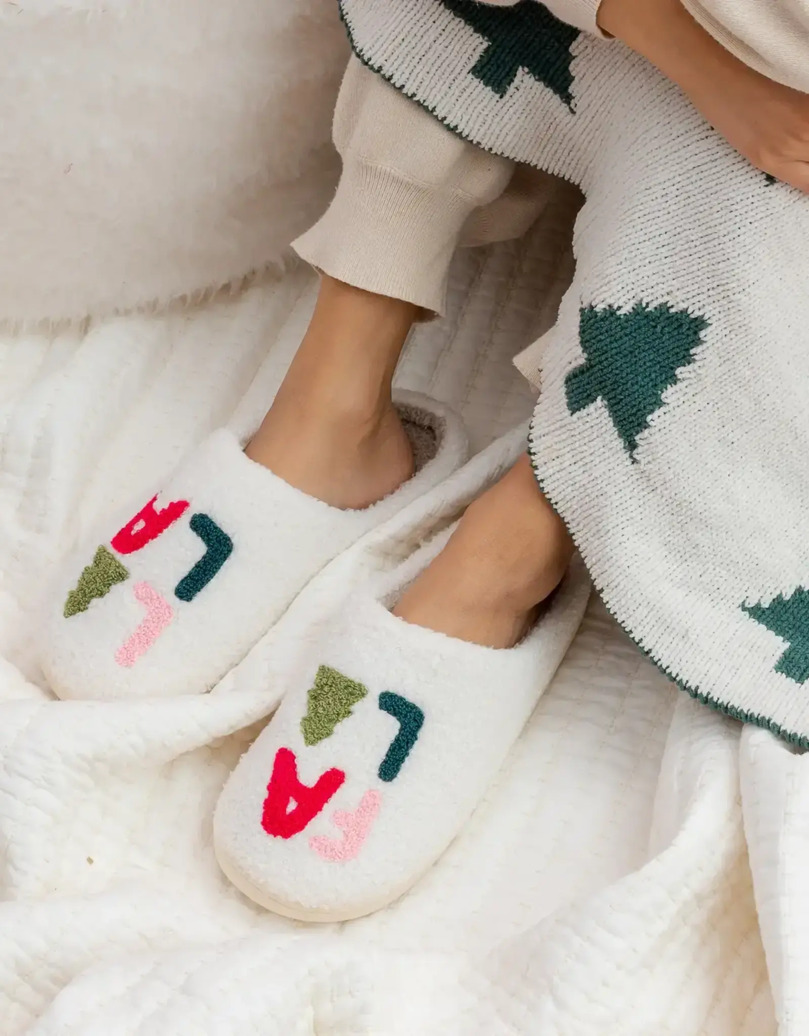 Fuzzy Holiday Slippers - Fa La La