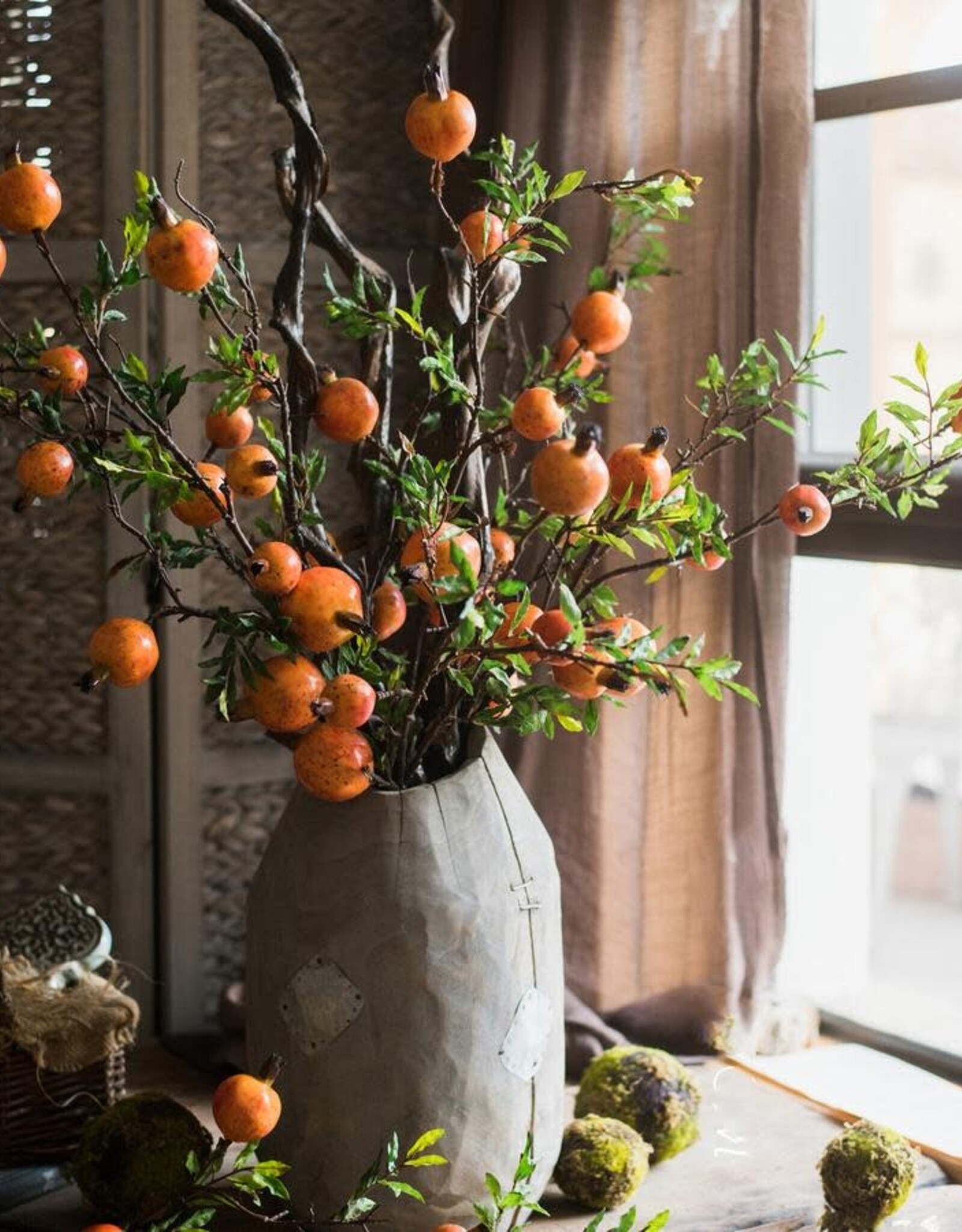 Artificial Fruit Yellow Orange Pomegranate Fruit Stem 36"