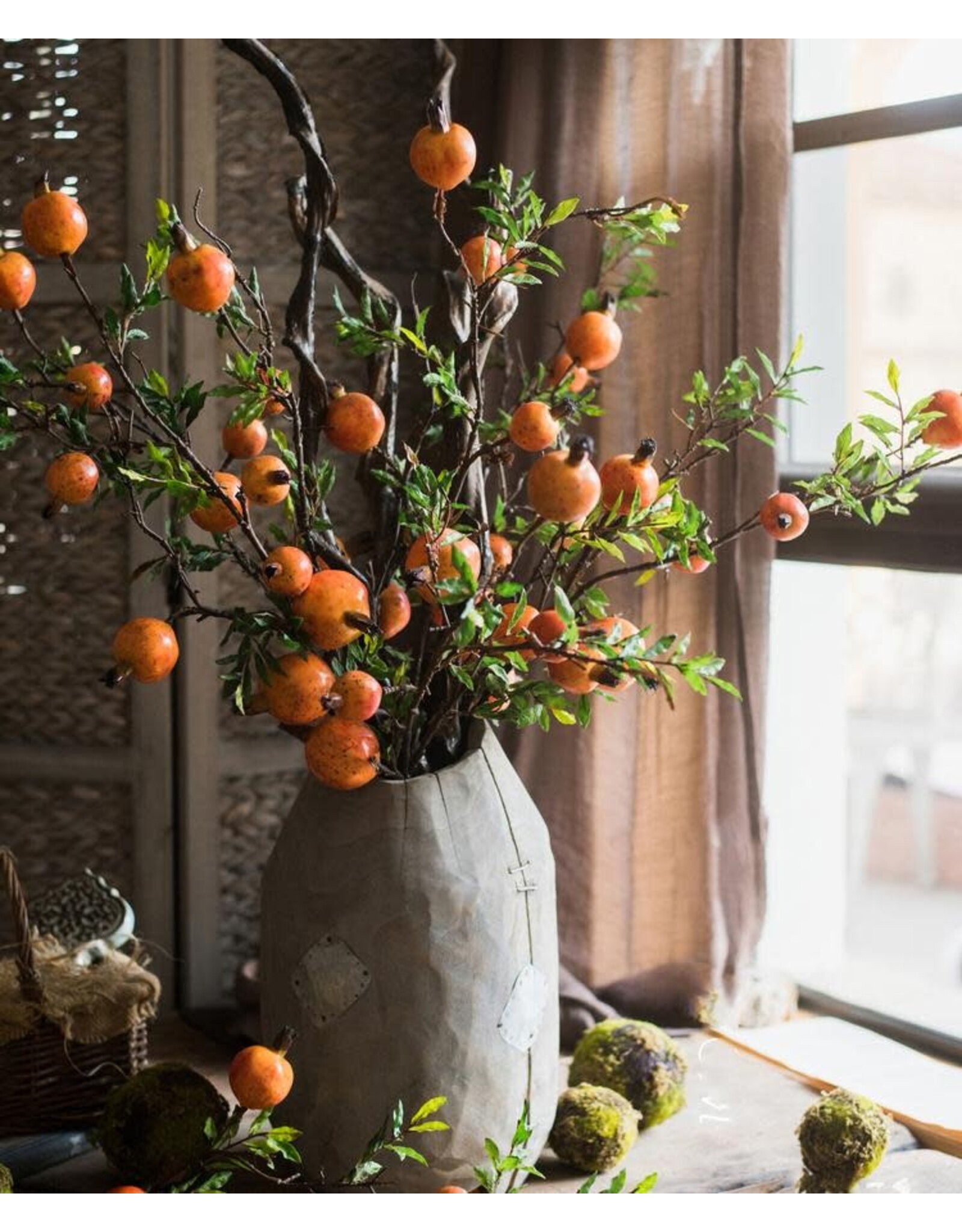 Artificial Fruit Yellow Orange Pomegranate Fruit Stem 36"