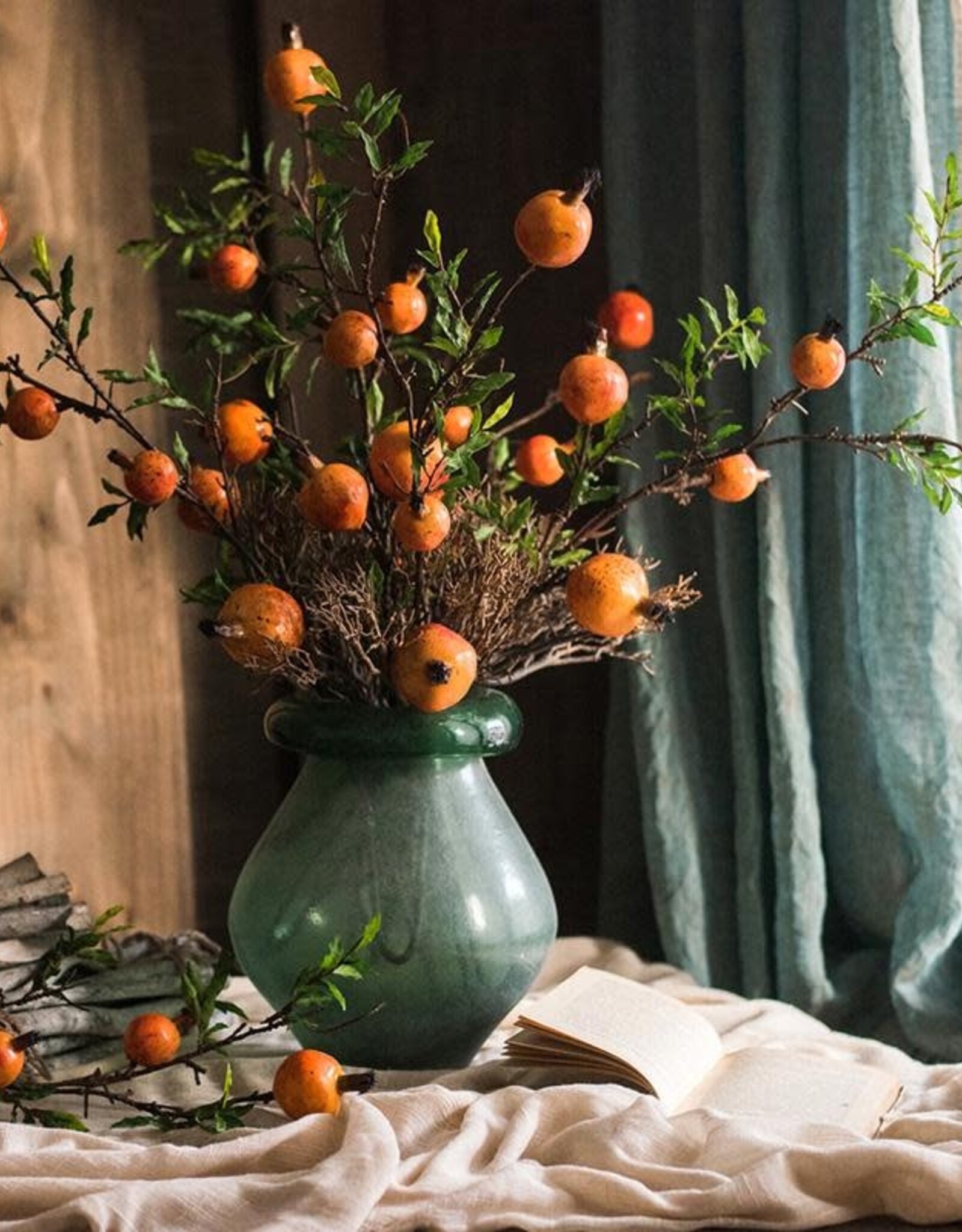 Artificial Fruit Yellow Orange Pomegranate Fruit Stem 36"