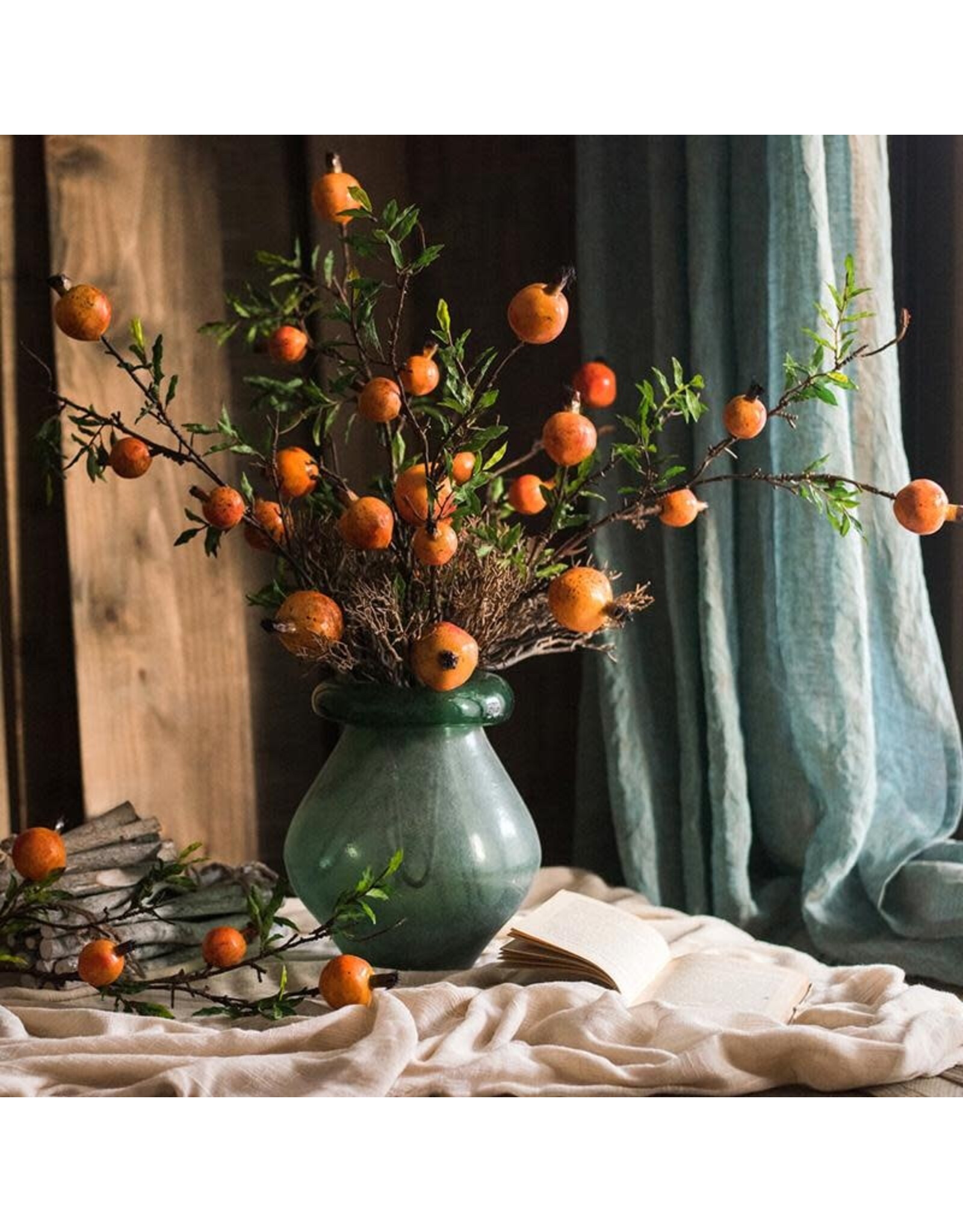 Artificial Fruit Yellow Orange Pomegranate Fruit Stem 36"