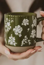 Green Floral Stoneware Coffee Mug