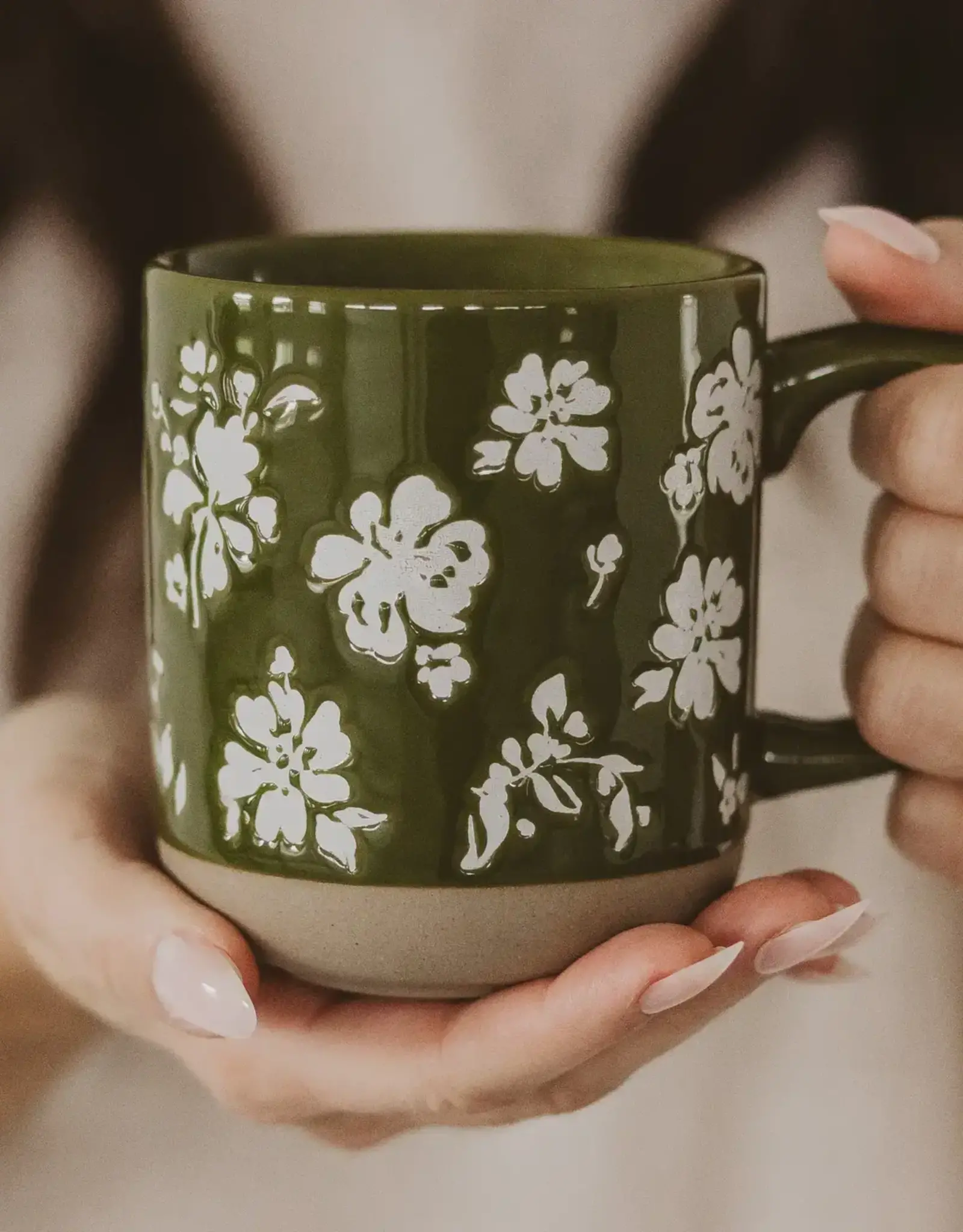 Green Floral Stoneware Coffee Mug