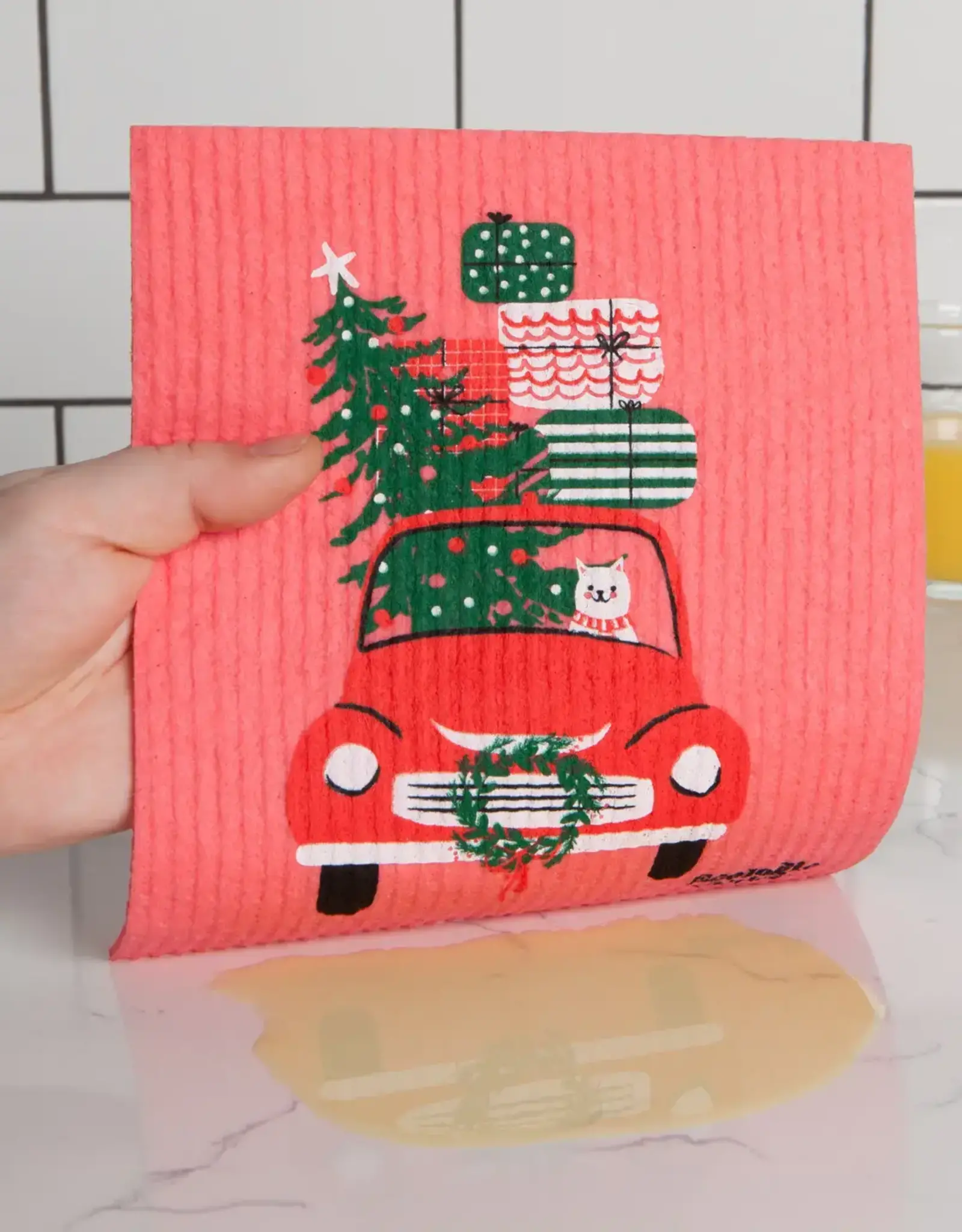 Winter Wheels Cat Swedish Dishcloth
