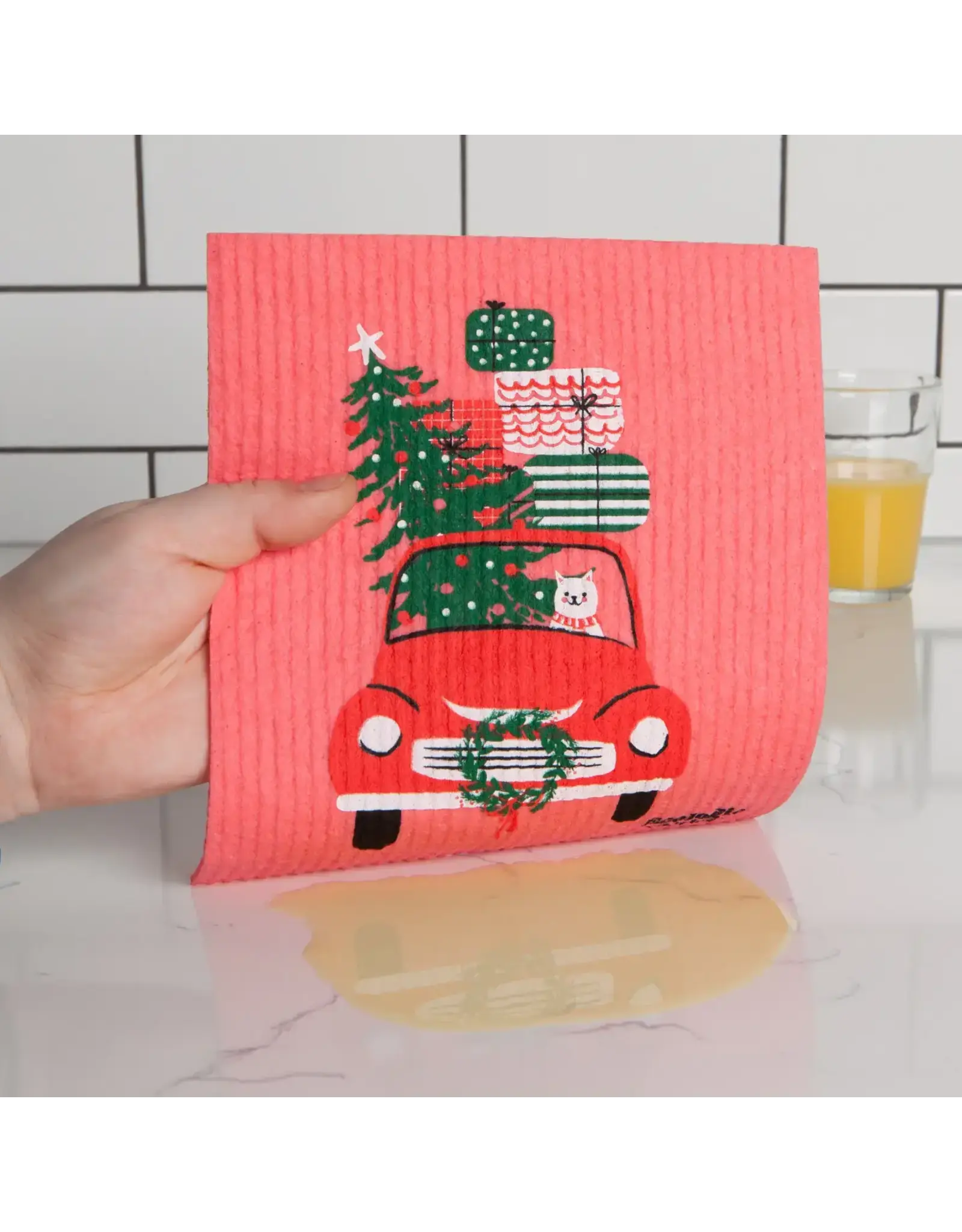 Winter Wheels Cat Swedish Dishcloth