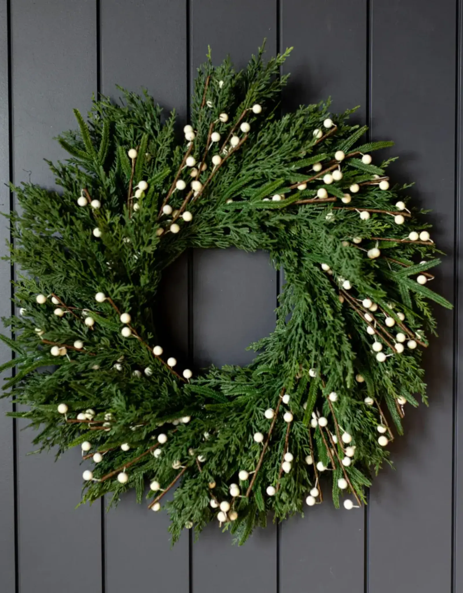 White Plum Berry Norfolk Cypress & White Berry Wreath, 34"