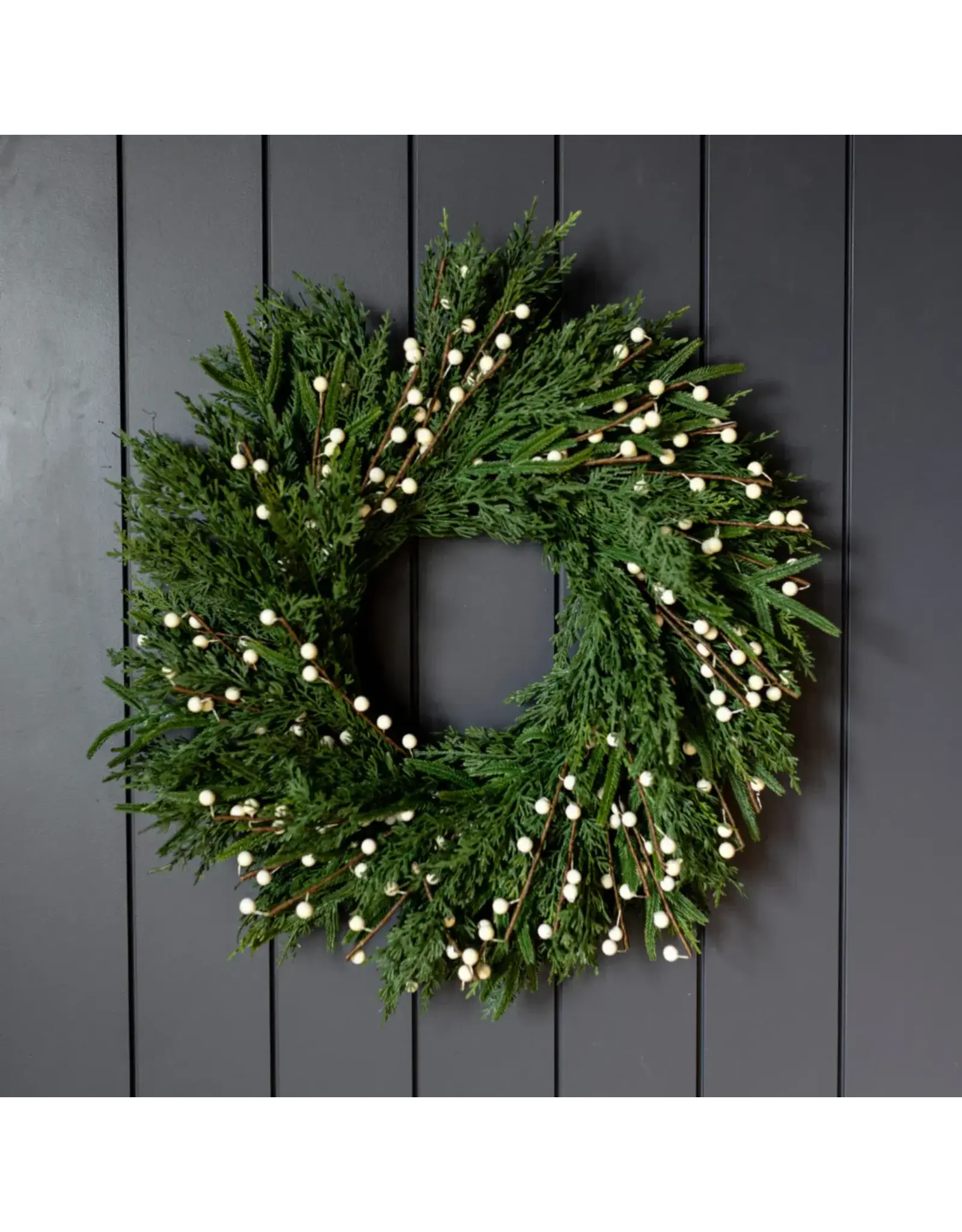 White Plum Berry Norfolk Cypress & White Berry Wreath, 34"