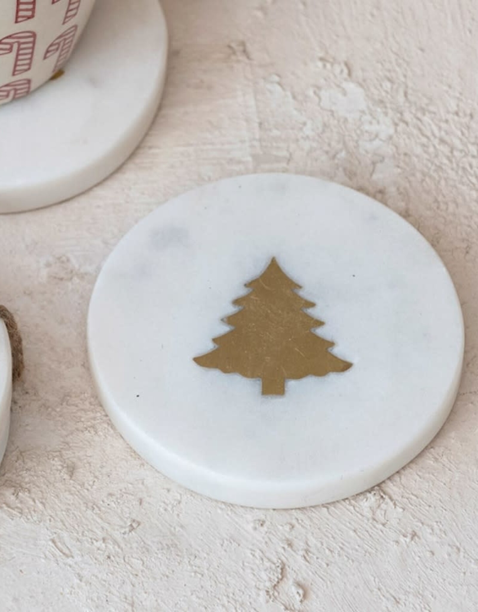 4" Round Marble Coaster w/ Brass Tree Inlay- Single