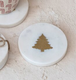 4" Round Marble Coaster w/ Brass Tree Inlay- Single