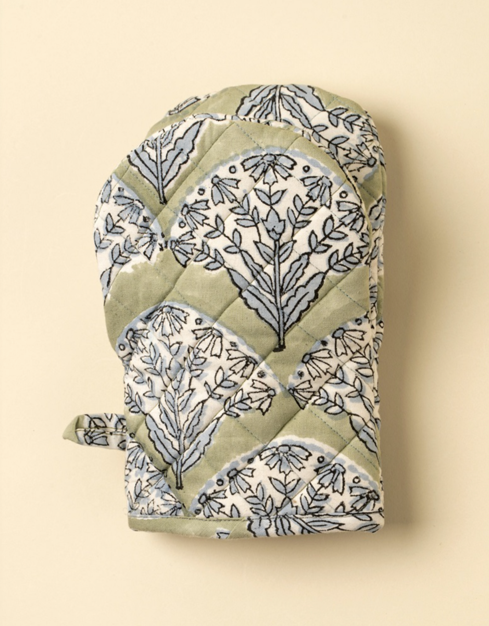 Sakura Block Print Oven Mitt, Green