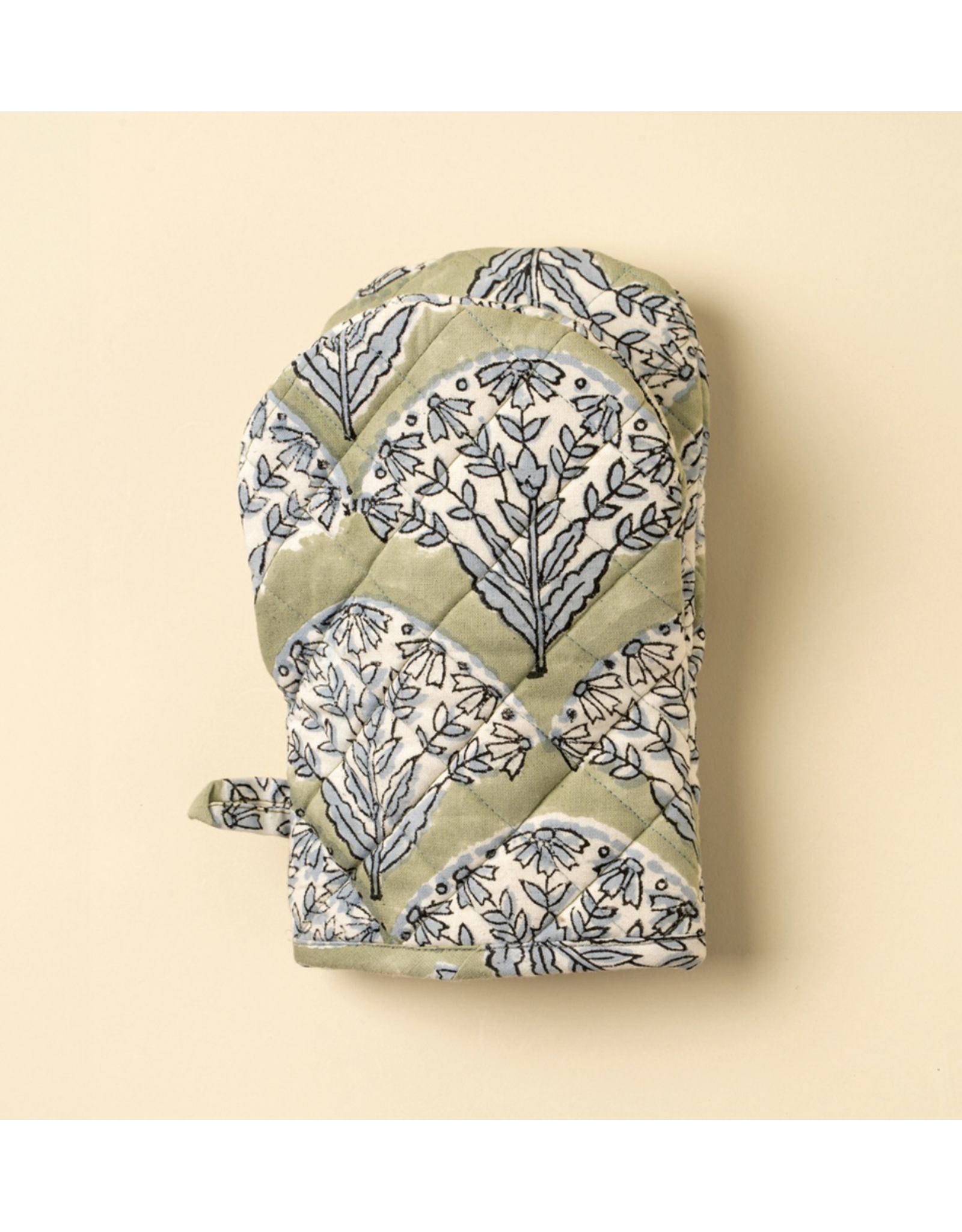 Sakura Block Print Oven Mitt, Green