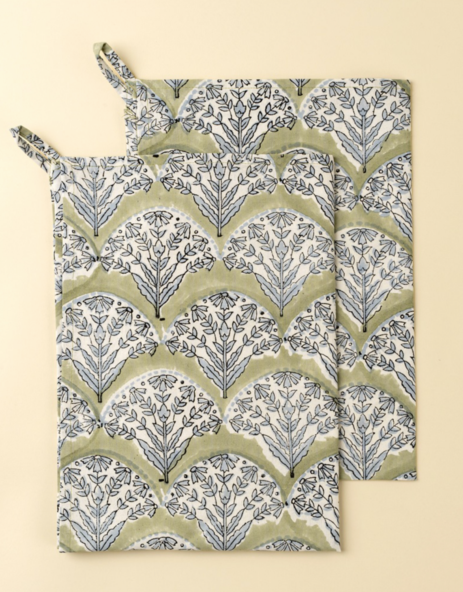 Sakura Block Print Tea Towels S/2, Green