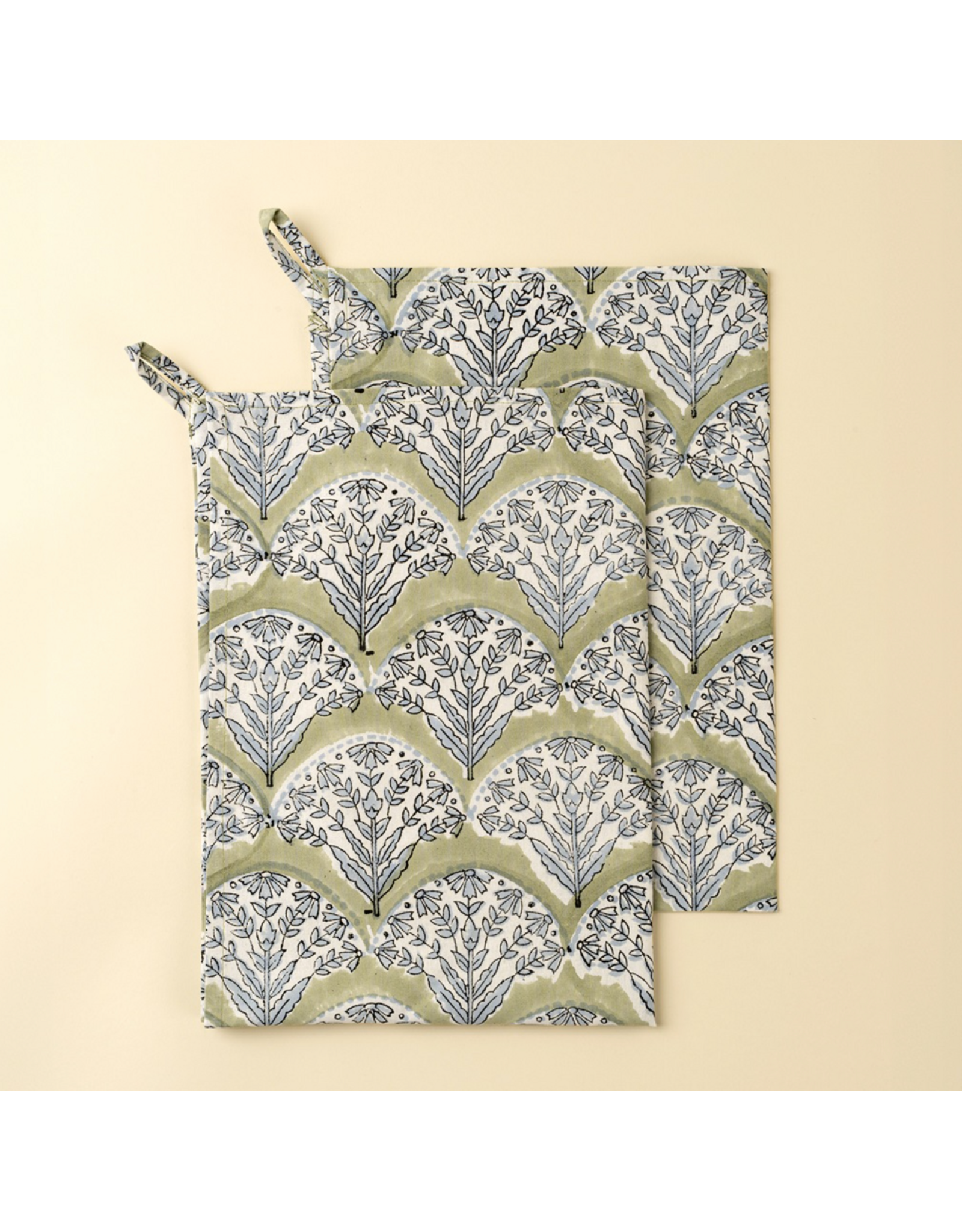 Sakura Block Print Tea Towels S/2, Green