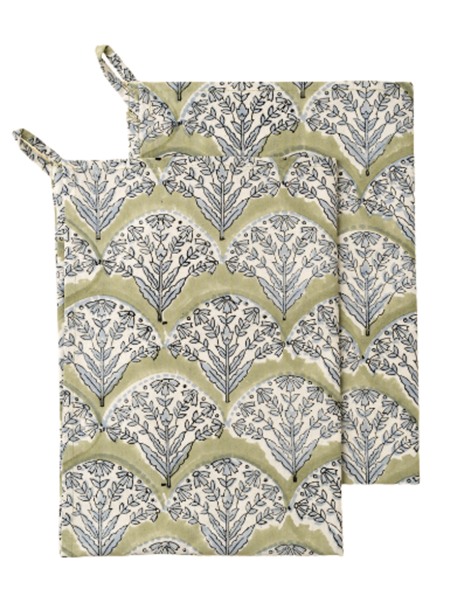 Sakura Block Print Tea Towels S/2, Green