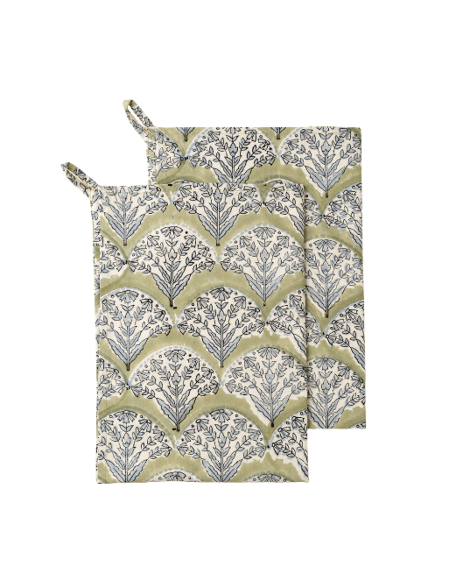 Sakura Block Print Tea Towels S/2, Green