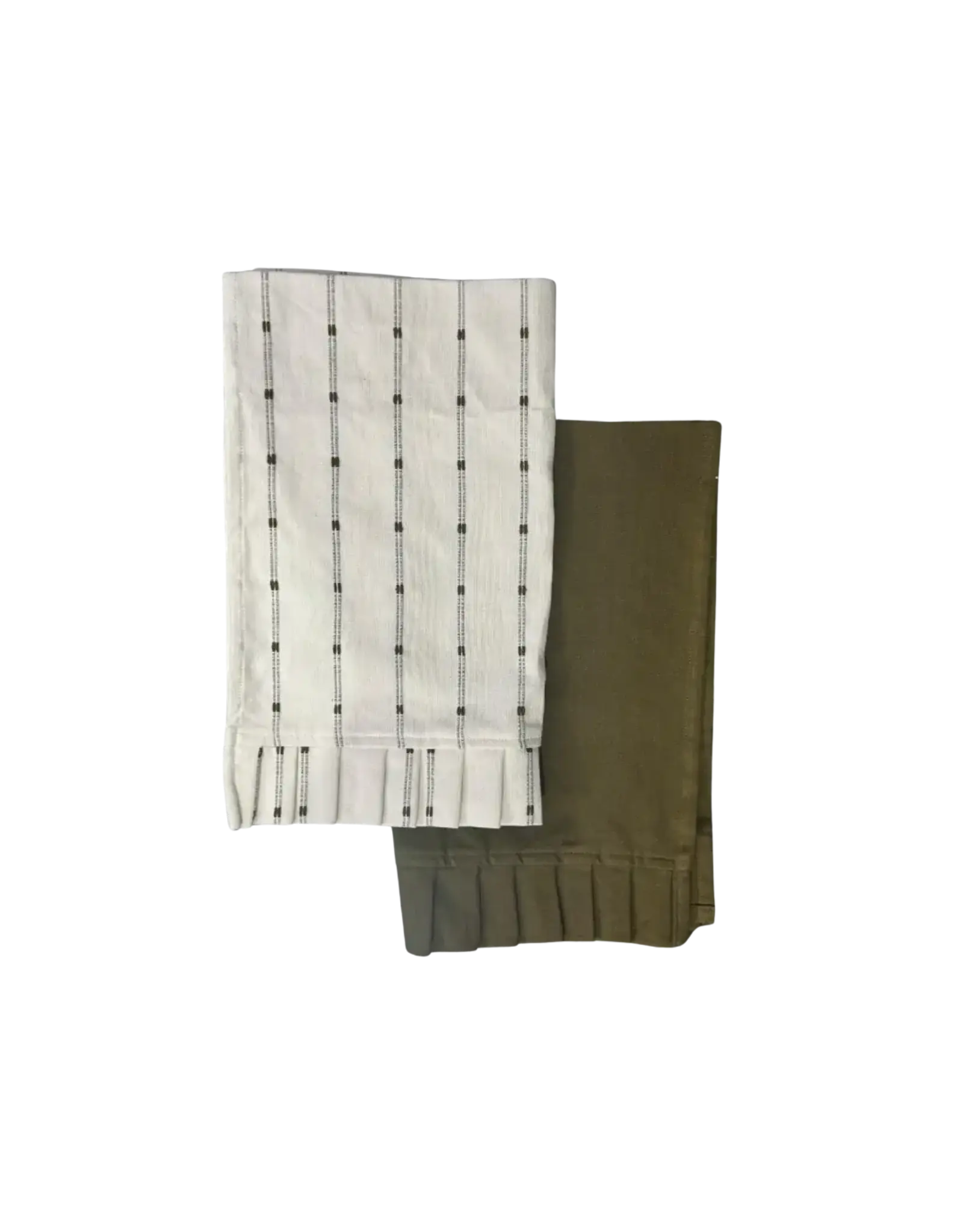 White Embroidery Olive Green Stripes Ruffle Kitchen Dish Towel