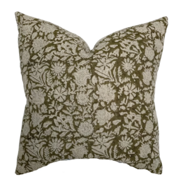 Sienna Dark Olive Floral Handblock Pillow 14x20