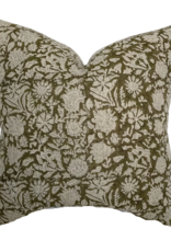 Sienna Dark Olive Floral Handblock Pillow 22x22