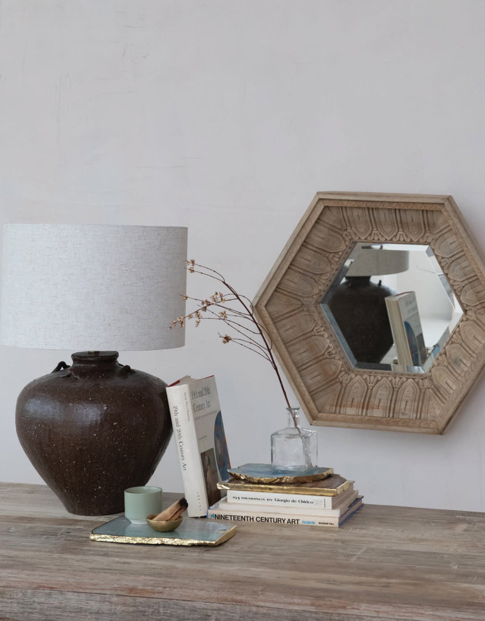 Textured Stoneware Table Lamp w/ Linen Shade, Brown