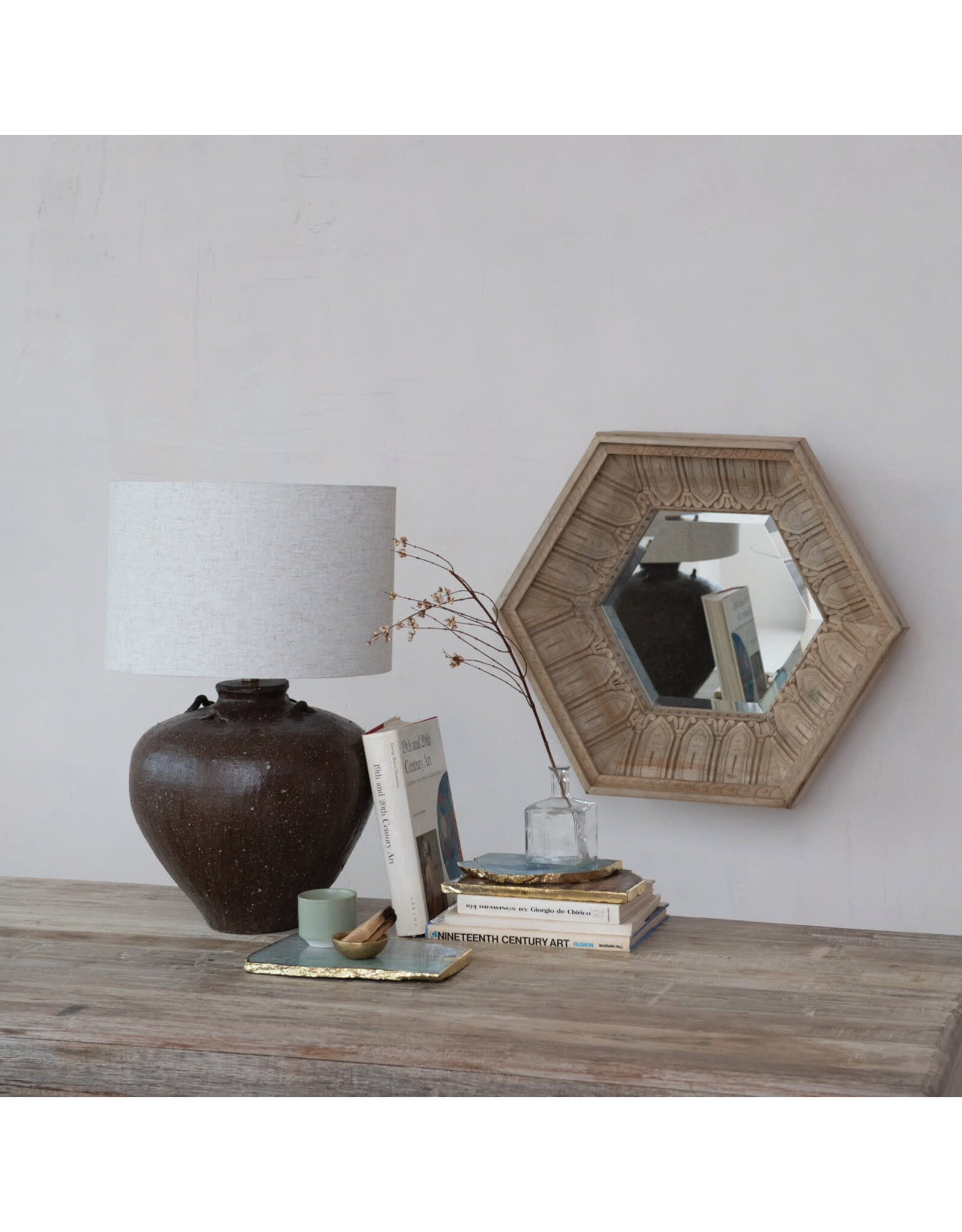 Textured Stoneware Table Lamp w/ Linen Shade, Brown