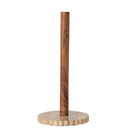Acacia Wood Paper Towel Holder with Scalloped Travertine Base