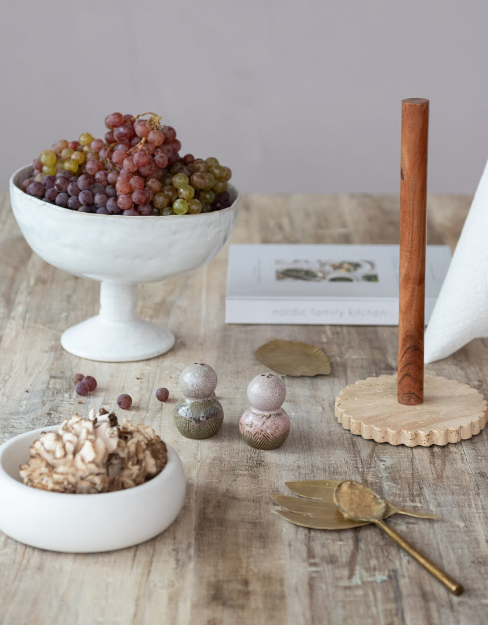 Acacia Wood Paper Towel Holder with Scalloped Travertine Base
