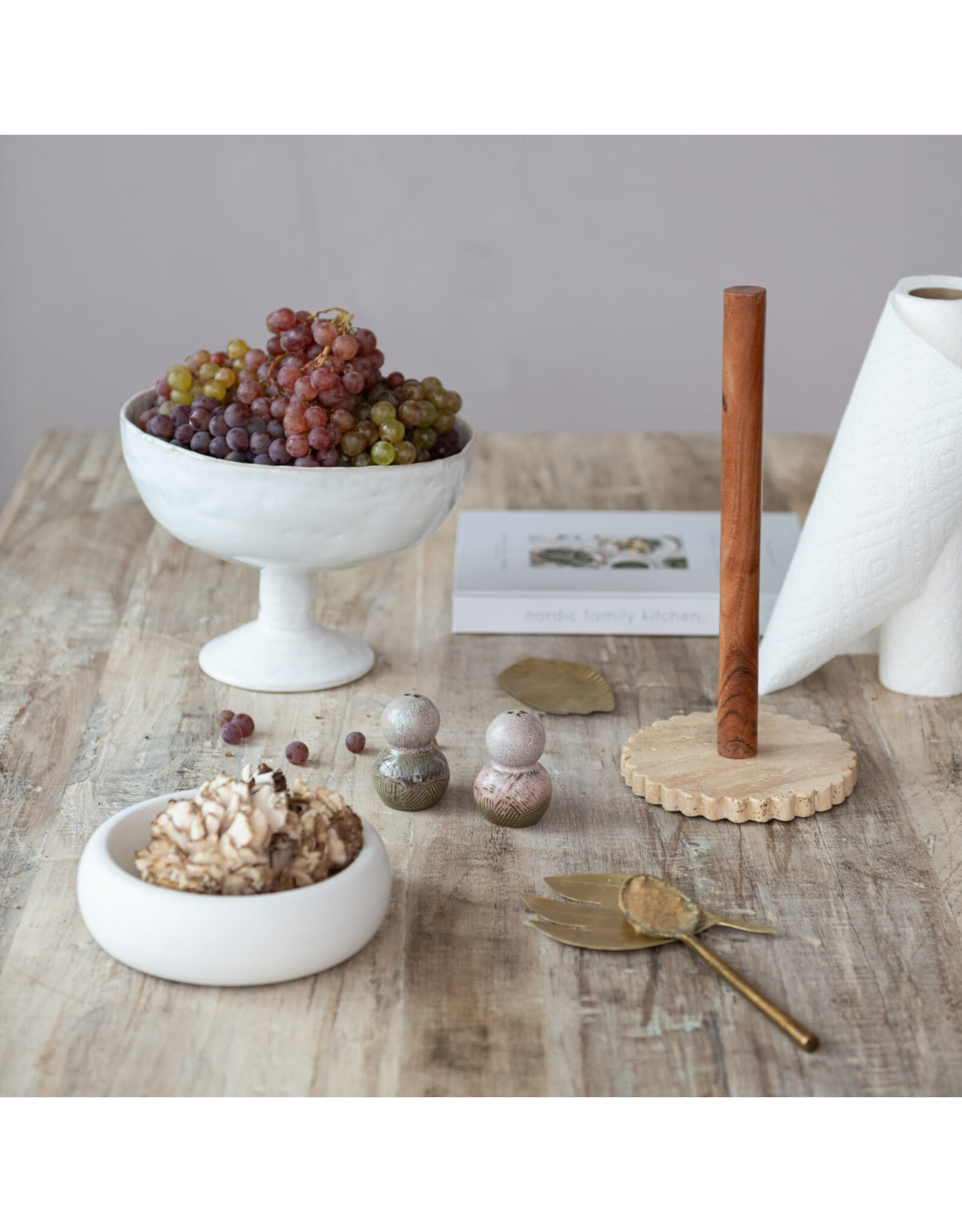 Acacia Wood Paper Towel Holder with Scalloped Travertine Base