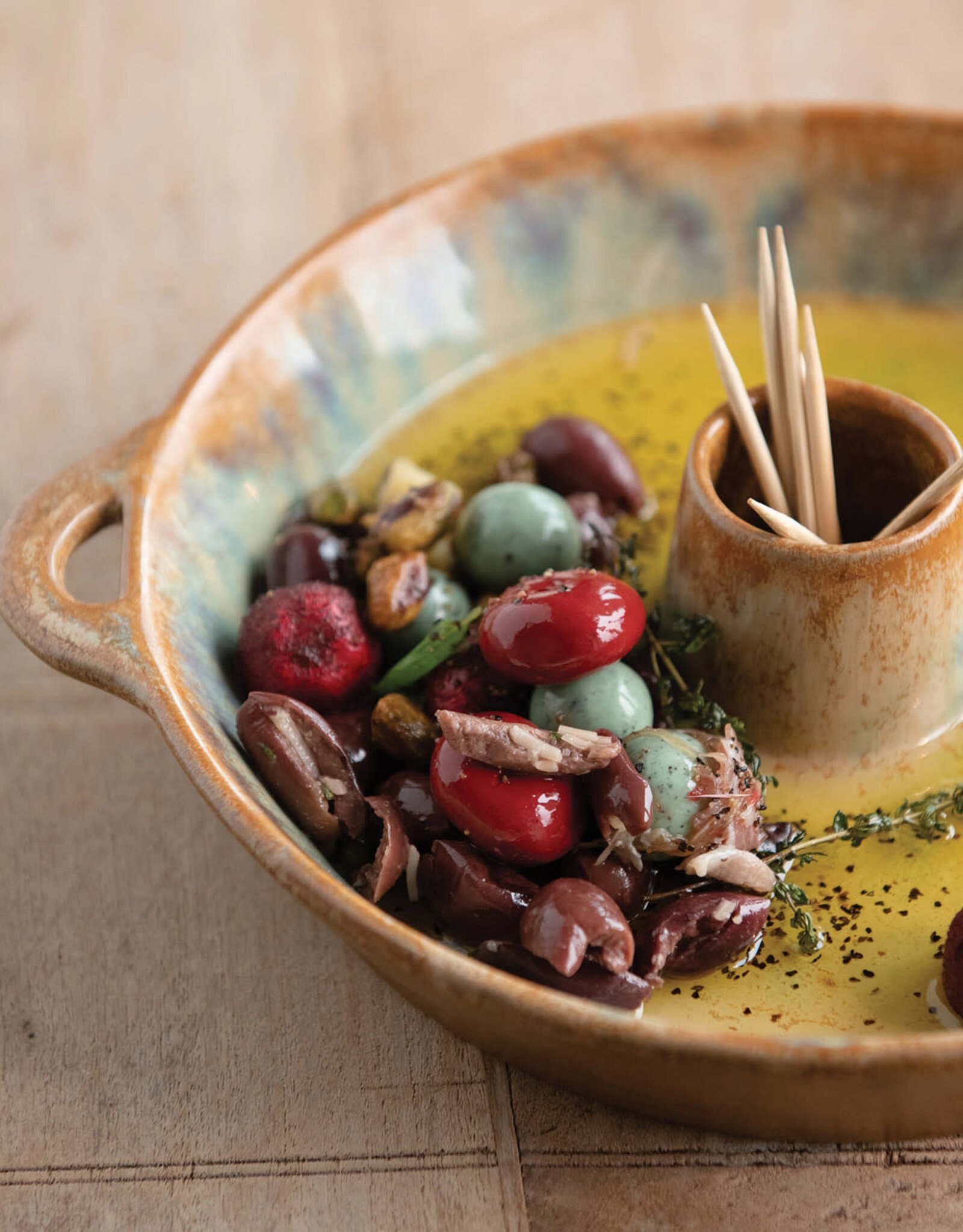 Stoneware Dish with Toothpick Holder with Glaze