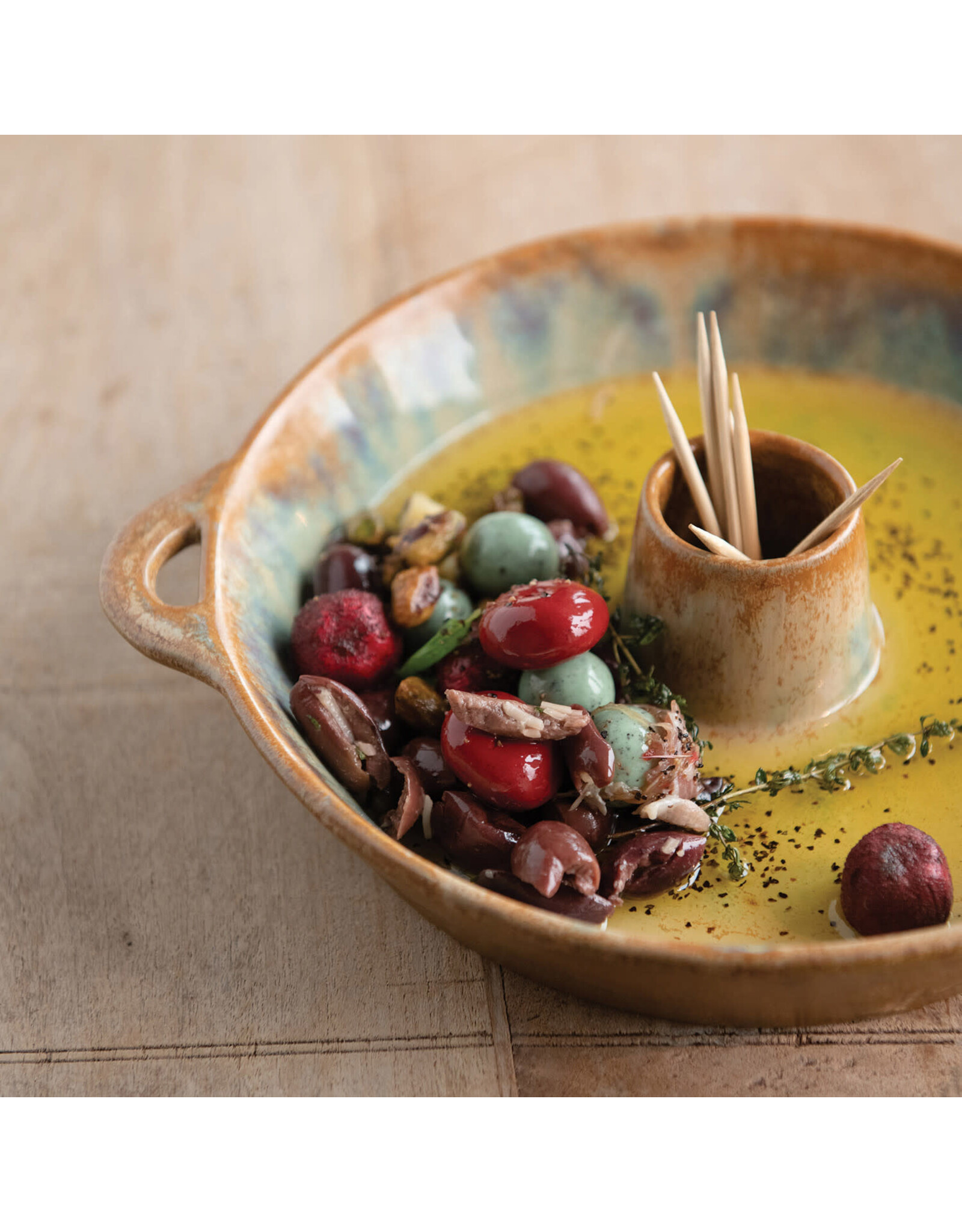 Stoneware Dish with Toothpick Holder with Glaze