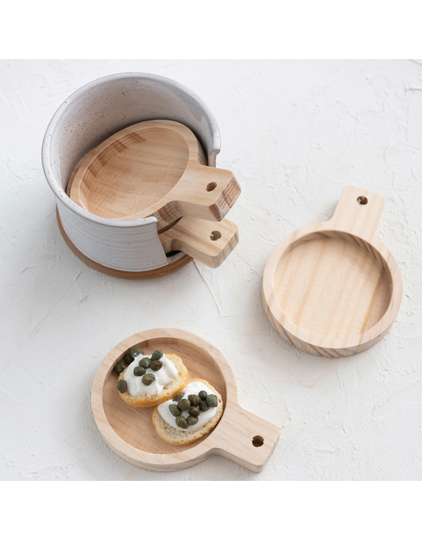 Pine Wood Tapas Plates w/ Stoneware Holder, Set of 5
