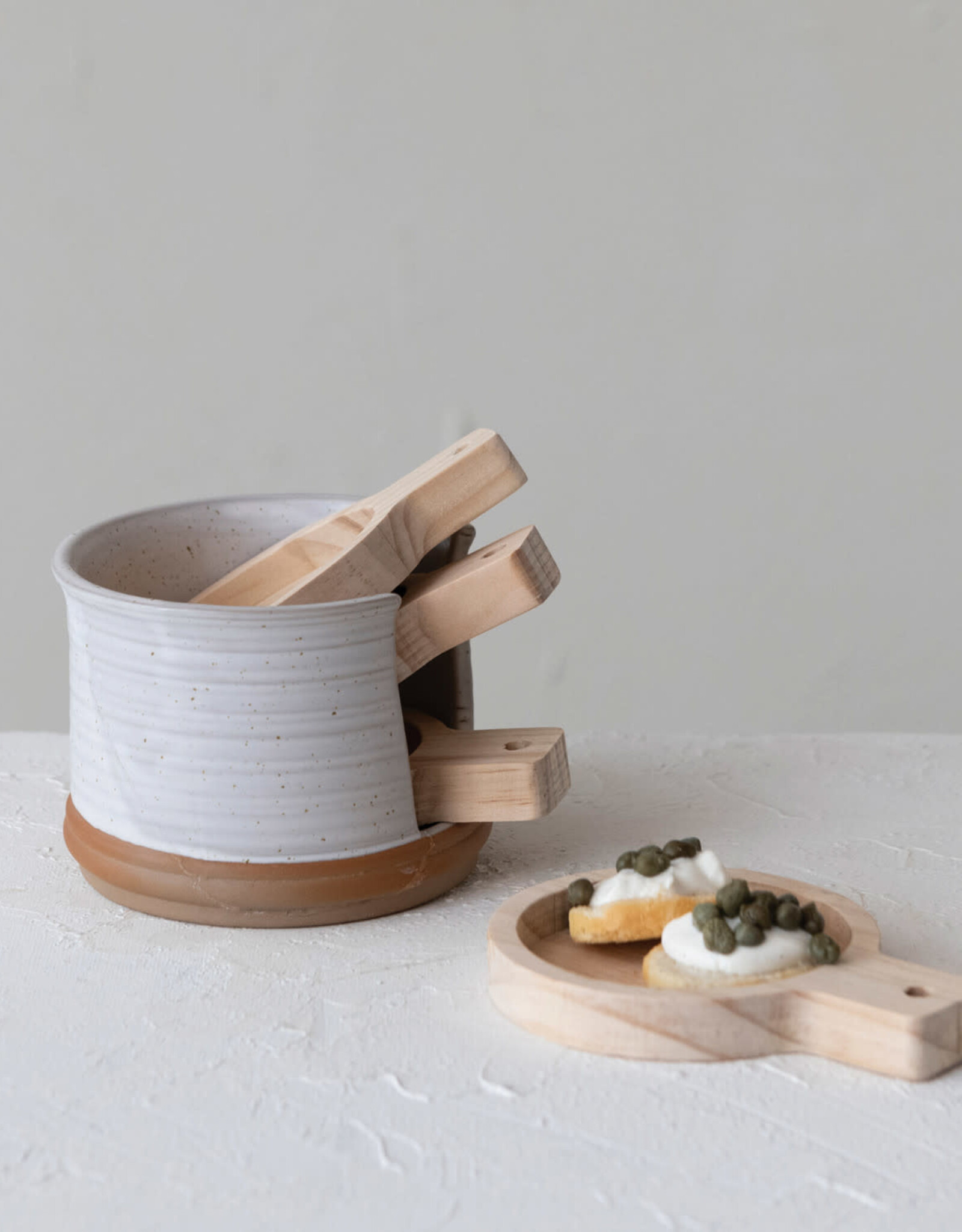 Pine Wood Tapas Plates w/ Stoneware Holder, Set of 5