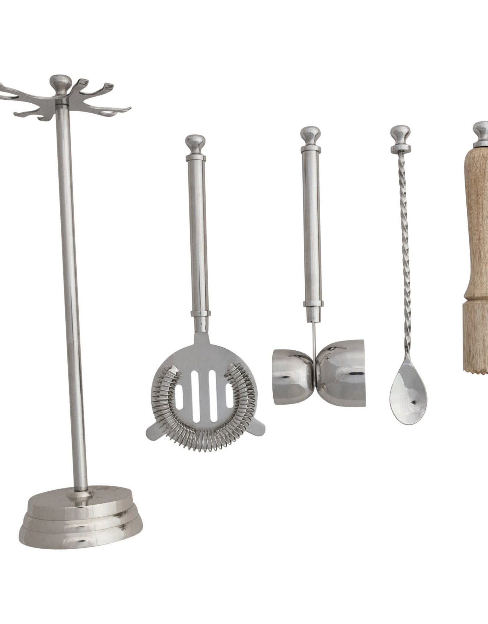 Stainless Steel & Mango Wood Bar Tools with 13"H Stand, Set of 5