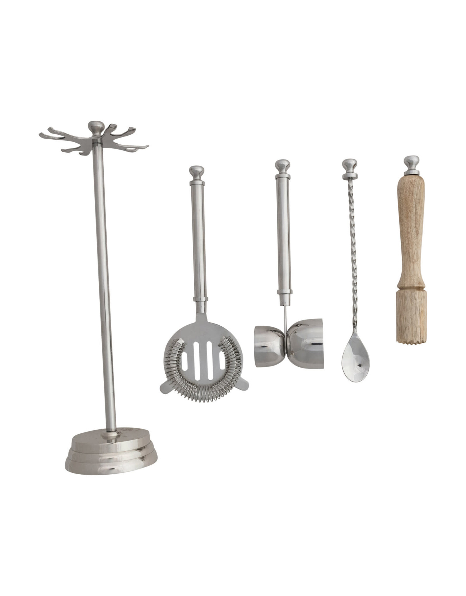 Stainless Steel & Mango Wood Bar Tools with 13"H Stand, Set of 5
